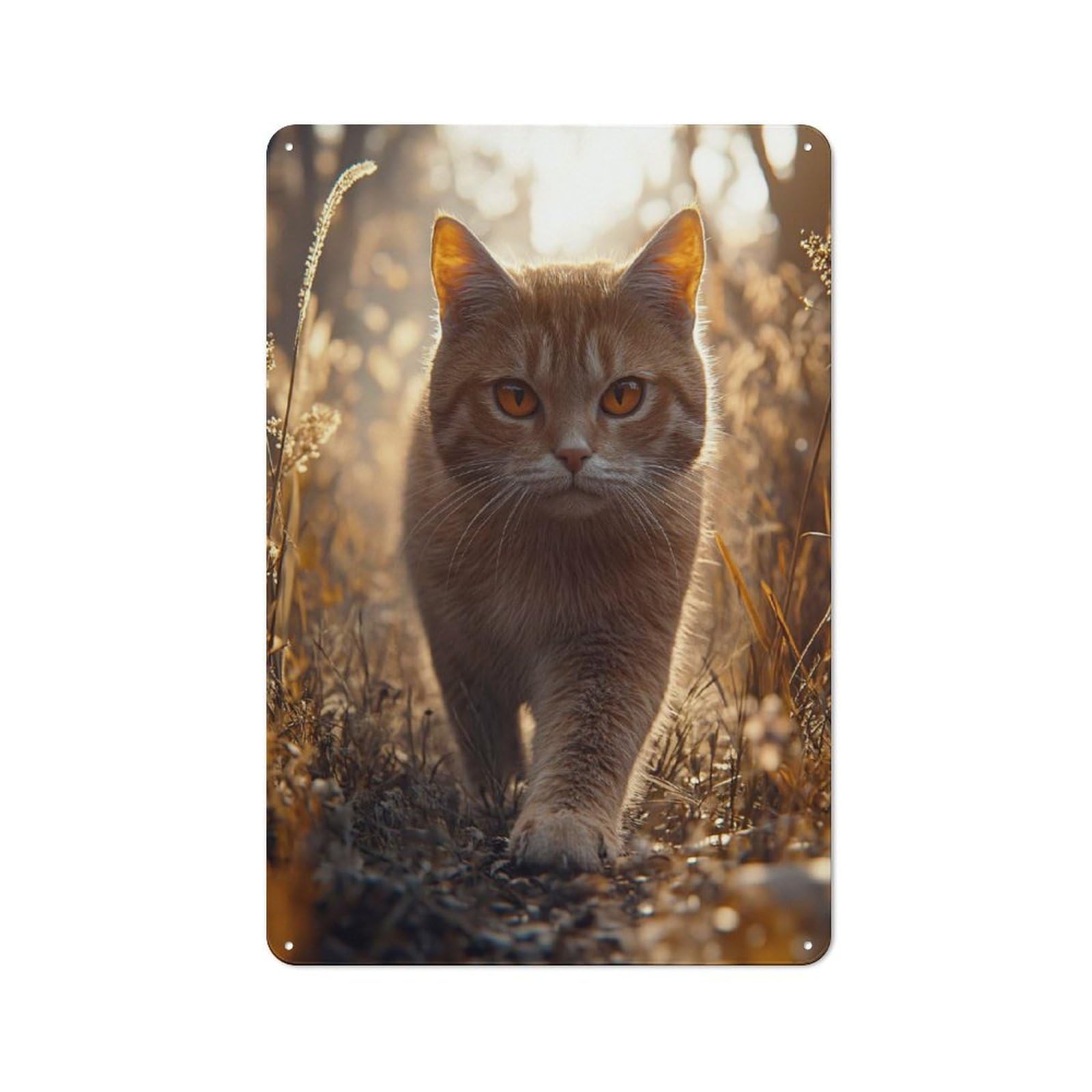 Junmoney Style-14 Orange Cat Walking Through Field Rustic Tin Wall Plaque 30X20cm For Hobby Room Or Studio, A New Home Present For Creative Interior Collectors