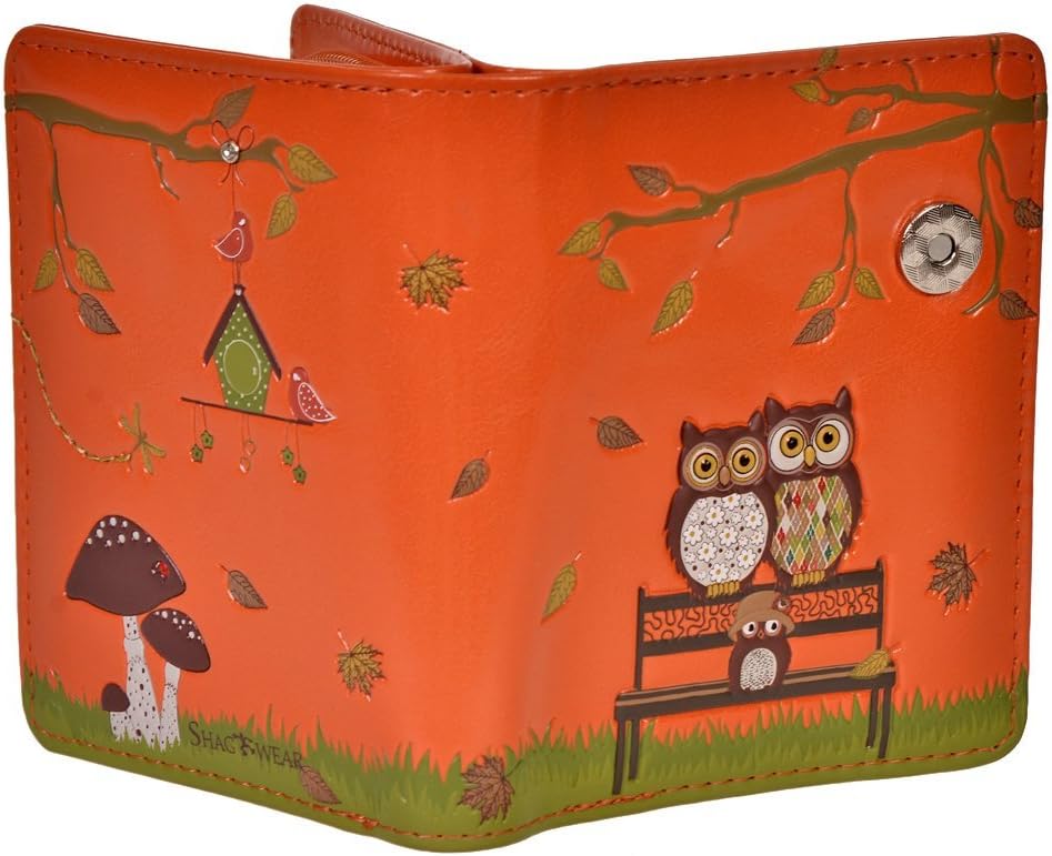 Shag Wear Owl Park Bench Small Bird Wallet for Women and Teen Girls Vegan Faux Leather Orange 4.5"