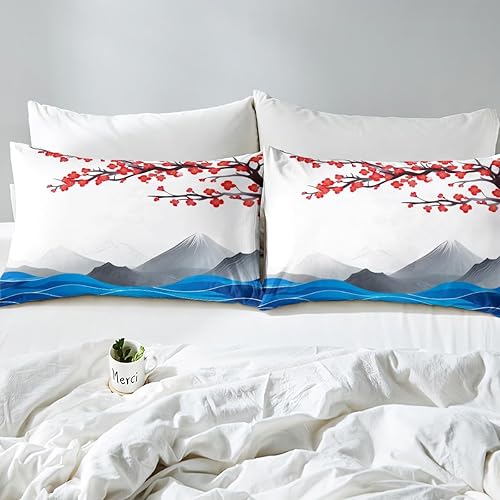Miniatura 5 de Erosebridal Ukiyoe - Juego de funda de edredón con temática de flor de cerezo, tamaño Queen, juego de funda de edredón de montaña Fuji Japón, juegos