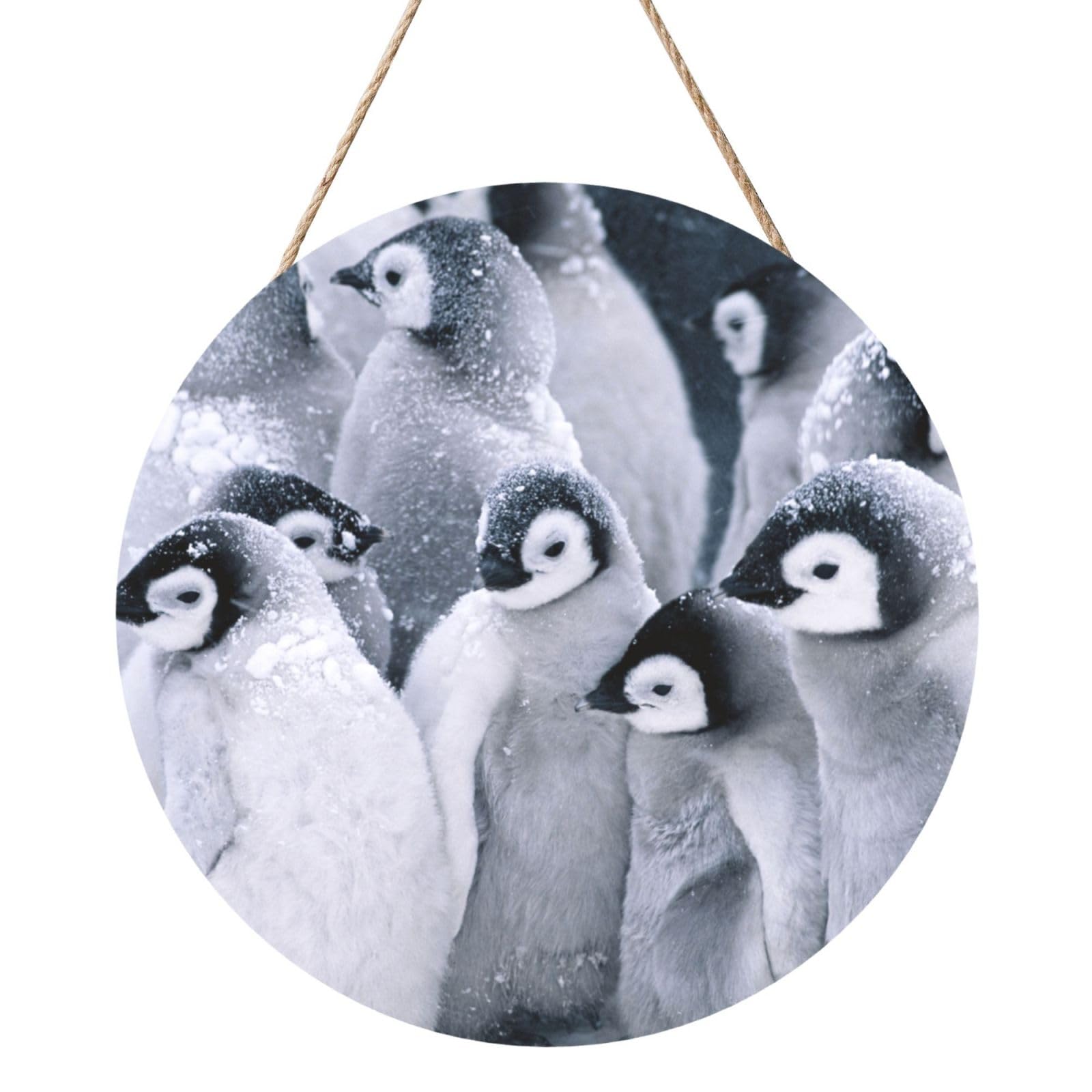 InOmak Penguin In The Snow, Round Wood Panel Painting 12 in, Wall Hanging Painting For Home