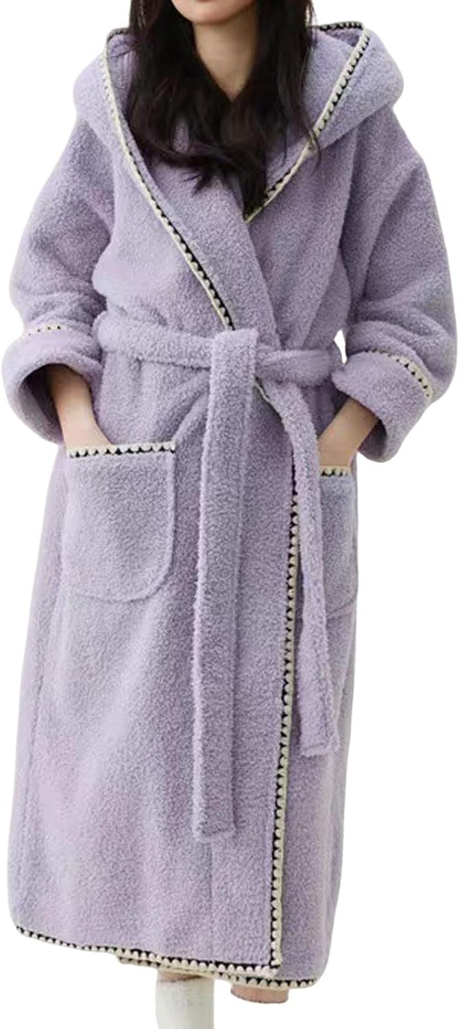 Women Plush Hooded Long Robe Belt Tie Waist Spa Bathrobe with Pockets