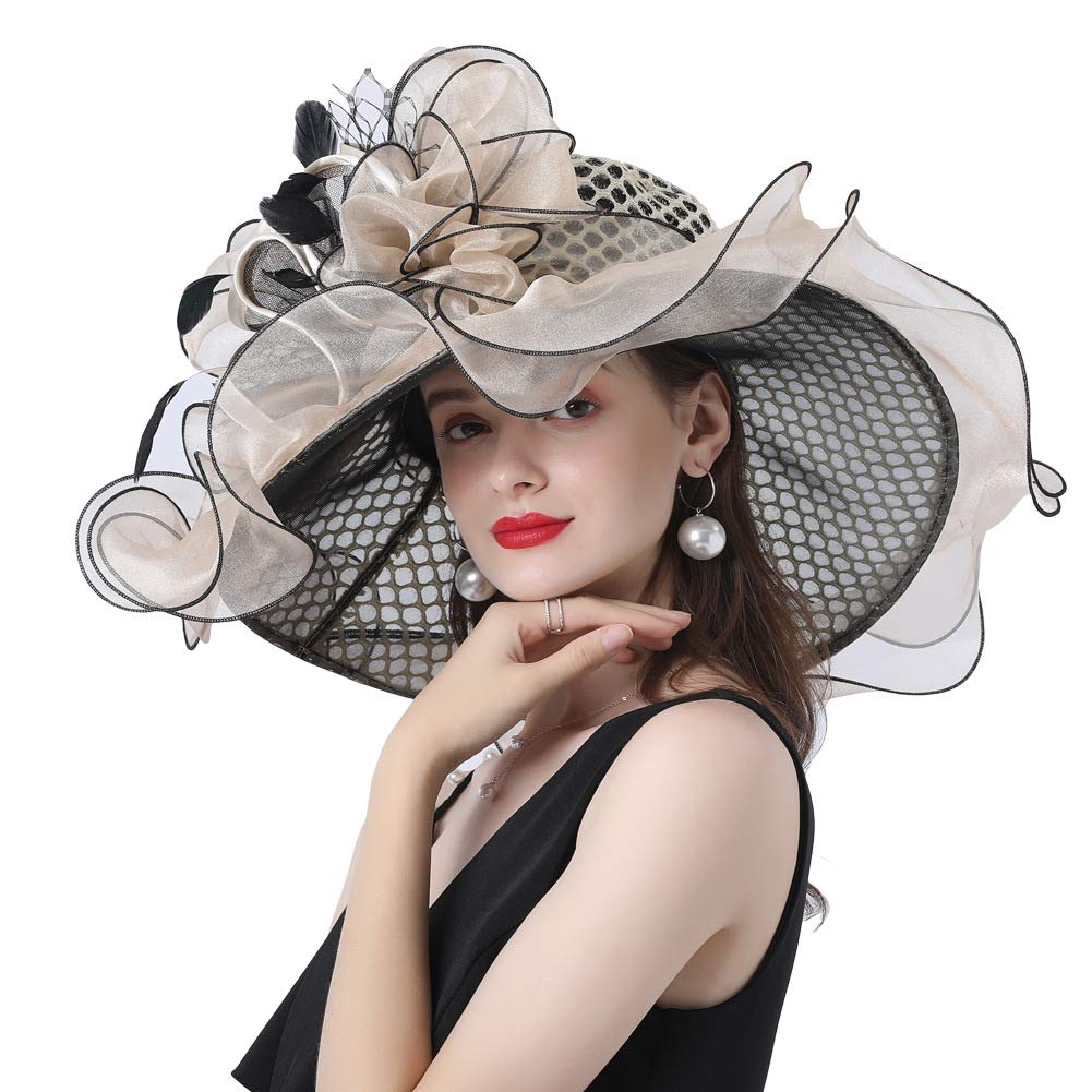 Ladies Sun Hat with Mesh Flower Decoration Wide Brim Hat Occasion Event Organza Fancy Church Dress Hat