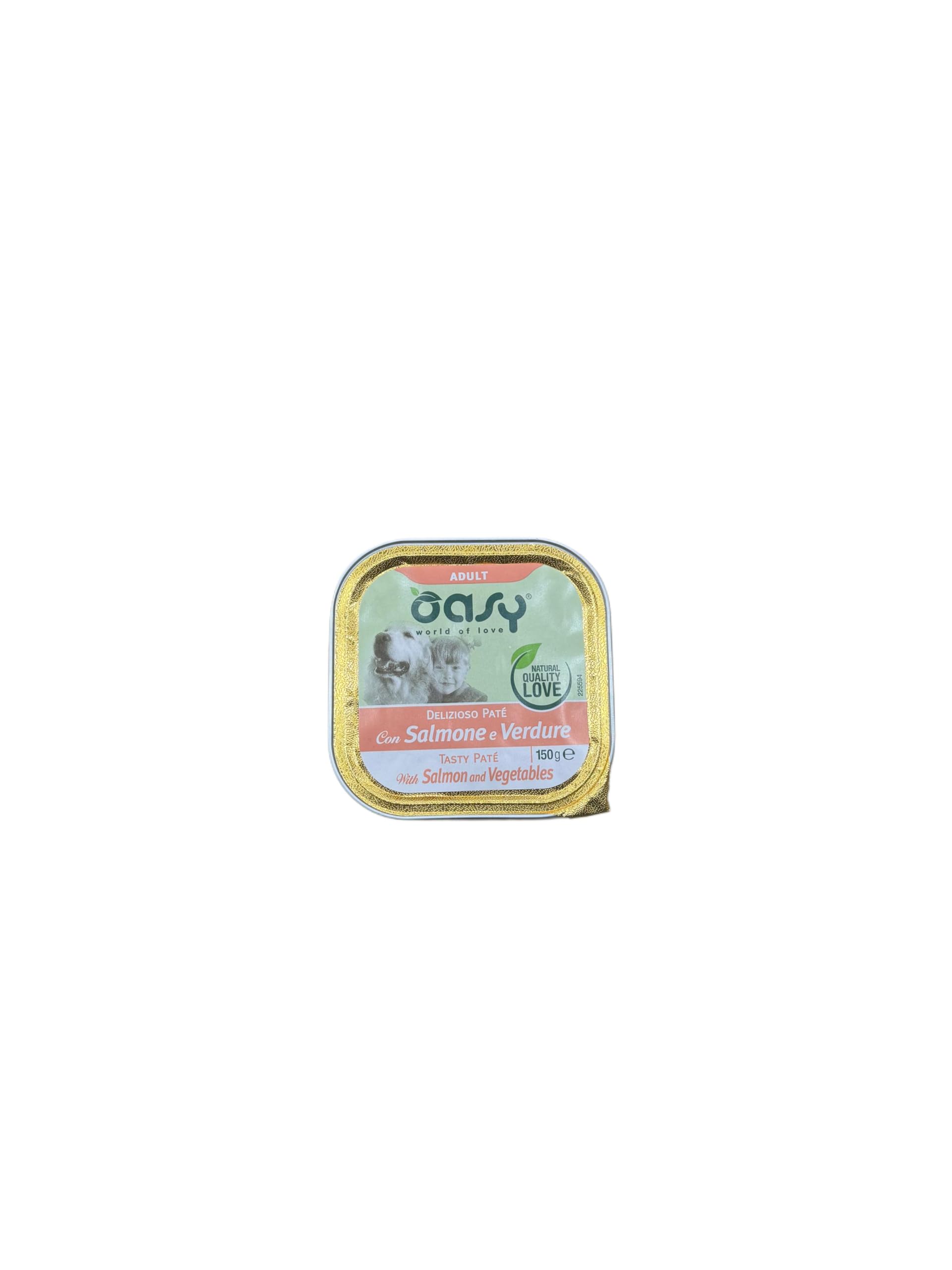 Oasy delizioso patè per cani adulti di tutte le taglie, gusto SALMONE e VERDURE | 11 vaschette da 150 grammi l'una.