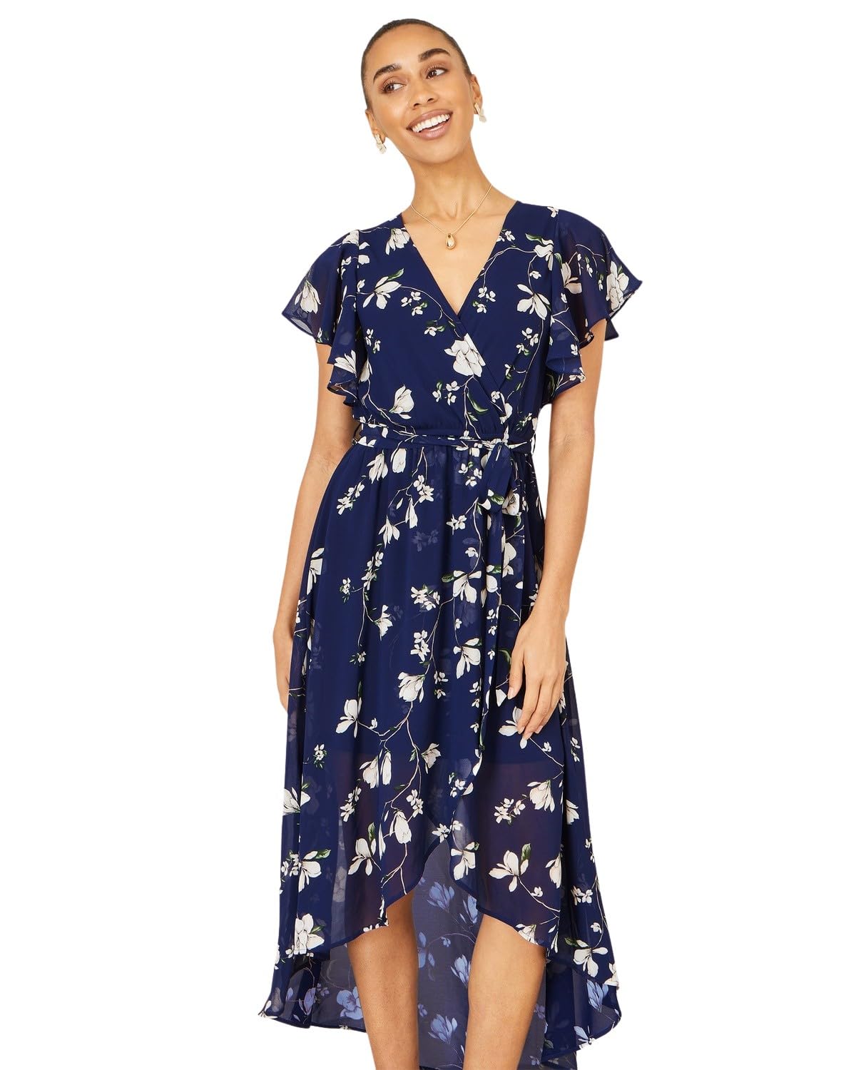 Yumi Women's Navy Floral Wrap Midi Dress With Frill Hem | : Size 14