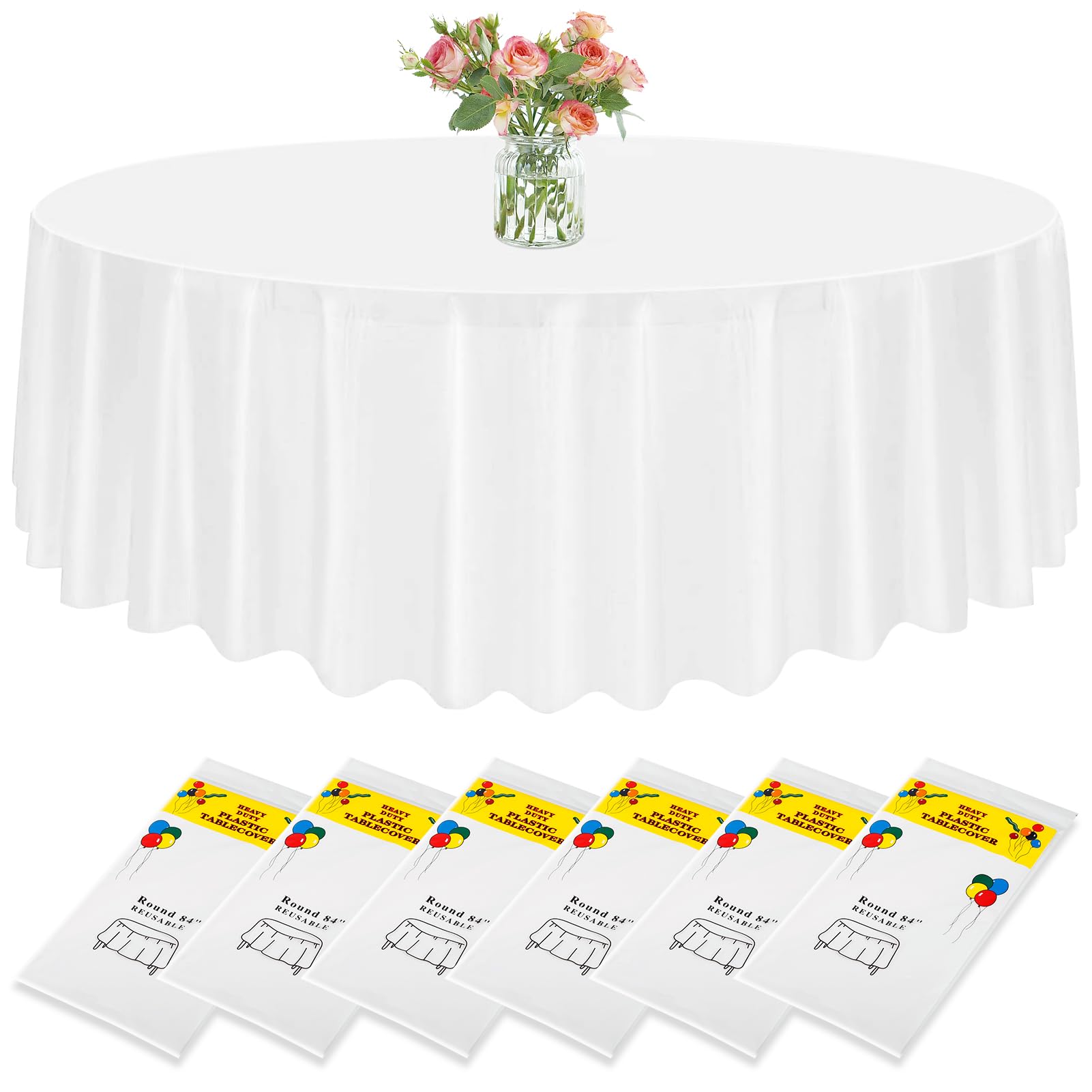 Incisite 6 Pack Round Plastic Tablecloths, 84 Inch Circular Table Cloth, White Disposable Table Cover, Water Resistant Table Cloths for Wedding Picnic Birthday Party Tables Decorate