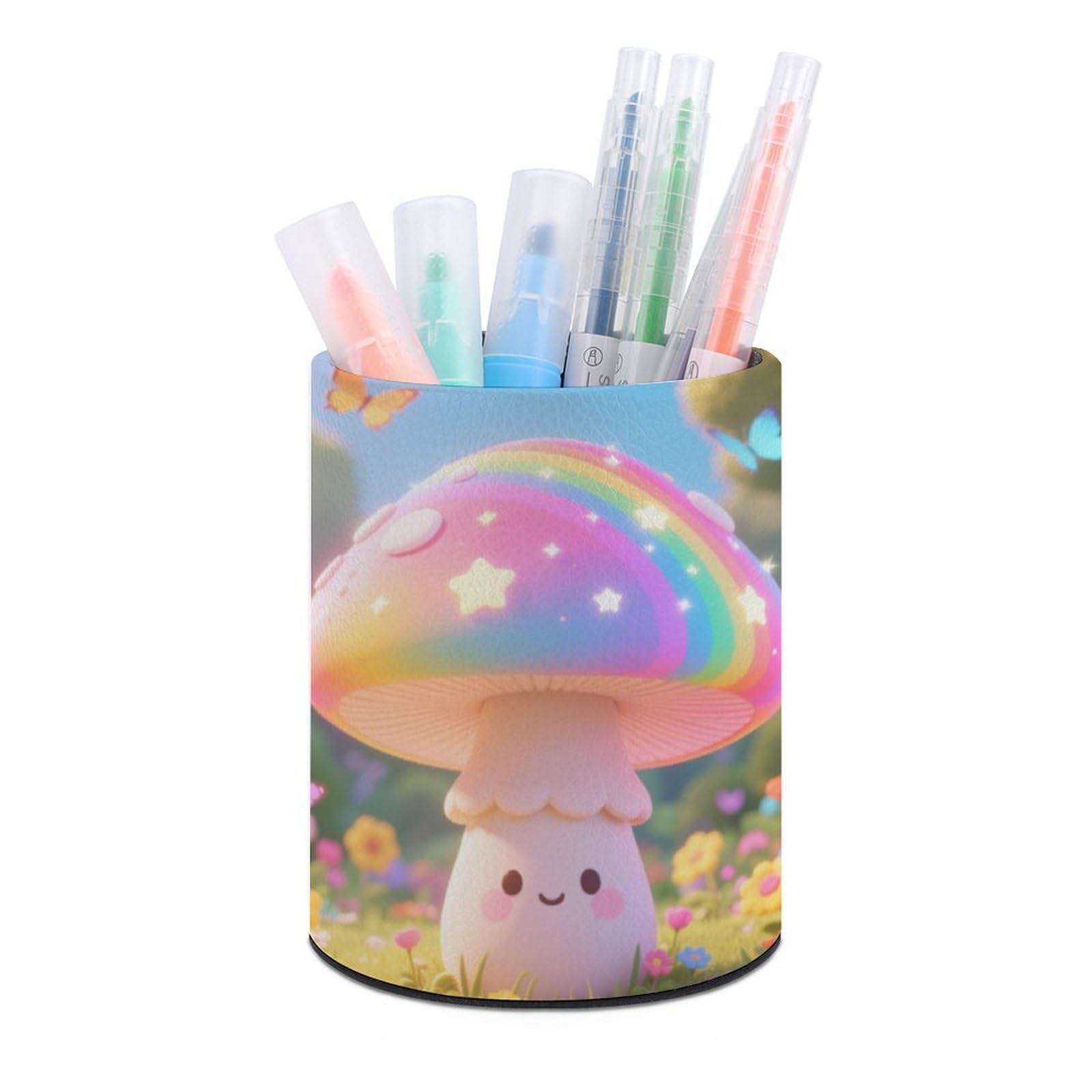 DWVTSLH Aesthetic Pen Holder for Desk - Modern Leather Pencil Holder - Stylish Round Makeup Brush Holder - Colored Mushroom Pen Cup Cute And Functional Desk Organizer for Office Supplies