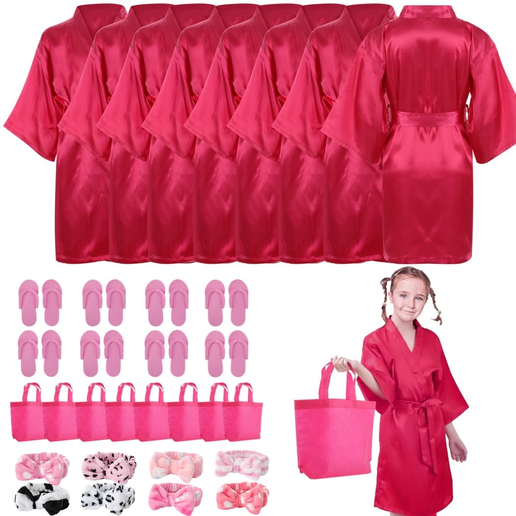 32 szt. przyborów na imprezę spa, 8 satynowych szlafroków kimono, 8 opasek na głowę do spa, 8 jednorazowych kapci piankowych, 8 toreb na zakupy, do salonu pedicure, nocowanie, upominki na imprezę dla