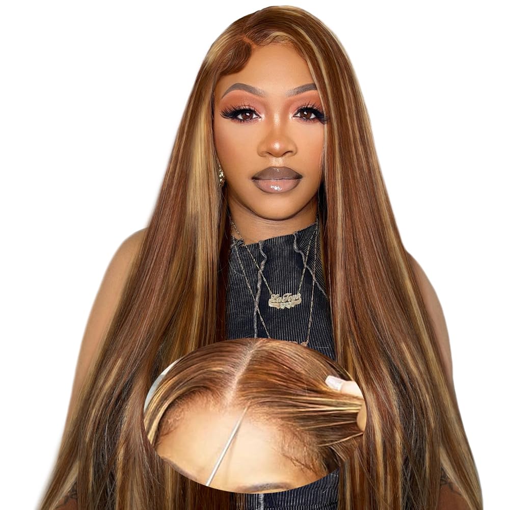 28inch Wear and Go Highlight Glueless Lace Front Wigs Human Hair Pre Plucked Ombre Lace Front Wig Human Hair Pre Cut Honey Blonde 13x4 Lace Frontal Wigs Pre Plucked with Elastic Band for Women 28 Inch Multicolor
