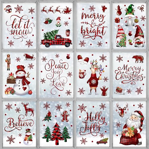 BORAMDO Christmas Window Clings 12 Sheets, Buffalo Plaid Christmas Window Decals Stickers, Removable Christmas Window Decorations for Glass Window Xmas Holiday Home Office Decor 12 Styles (Xmas Plaid)