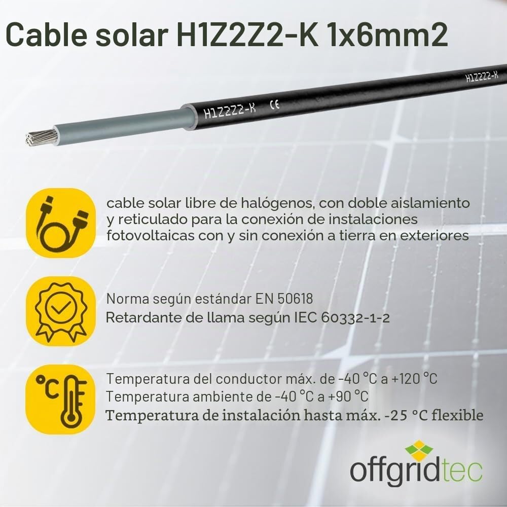 Offgridtec Cable Solar H1Z2Z2-K 6mm², Cable de Cobre de Un Solo Conductor para Sistemas Fotovoltaicos, Resistente a UV y a la Intemperie, Libre de Halógenos, Conforme a IEC 60228 EN 50618 (100m, Negro