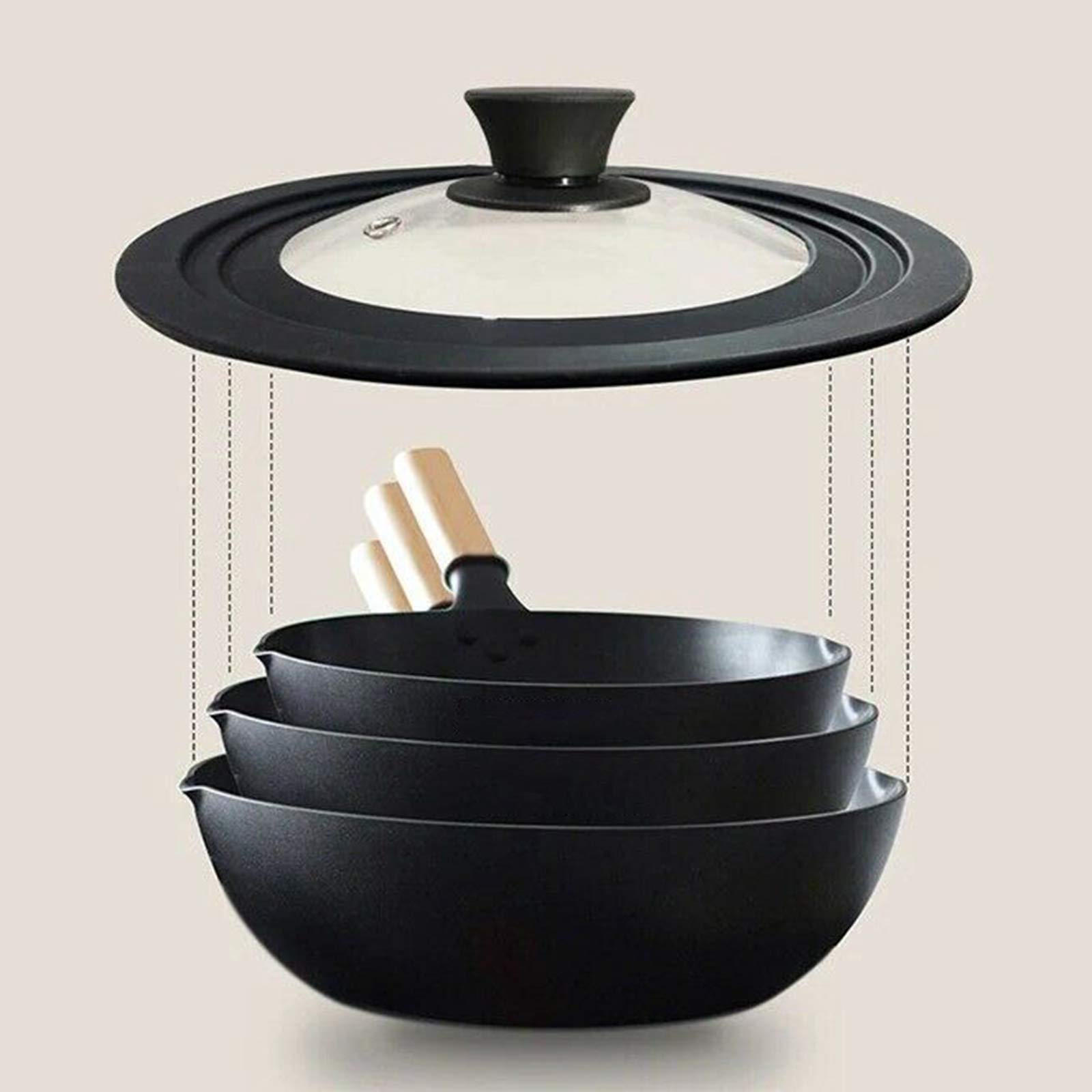 Cubiertas universales de silicona para tapa de vidrio para ollas, sartenes, utensilios de cocina, tapas de repuesto (negro, 34 cm)