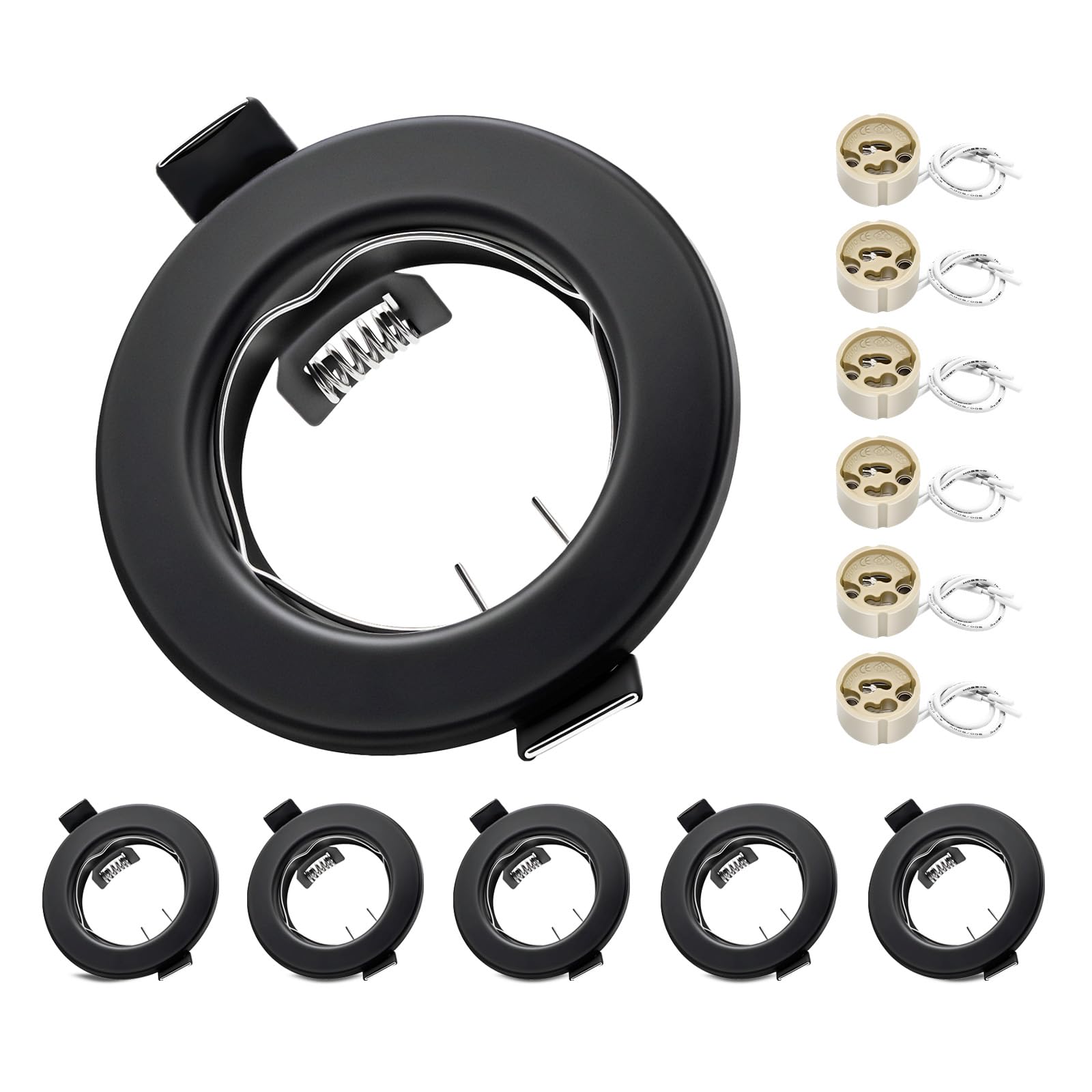 Round Black Recessed Ceiling Downlight Frames with GU10 Sockets, 55-70mm Cut-Out Hole Size, Compatible with LED & Halogen Bulbs, Mounting Frame for Spotlight Fixtures (Bulbs Excluded) - 6 Pack