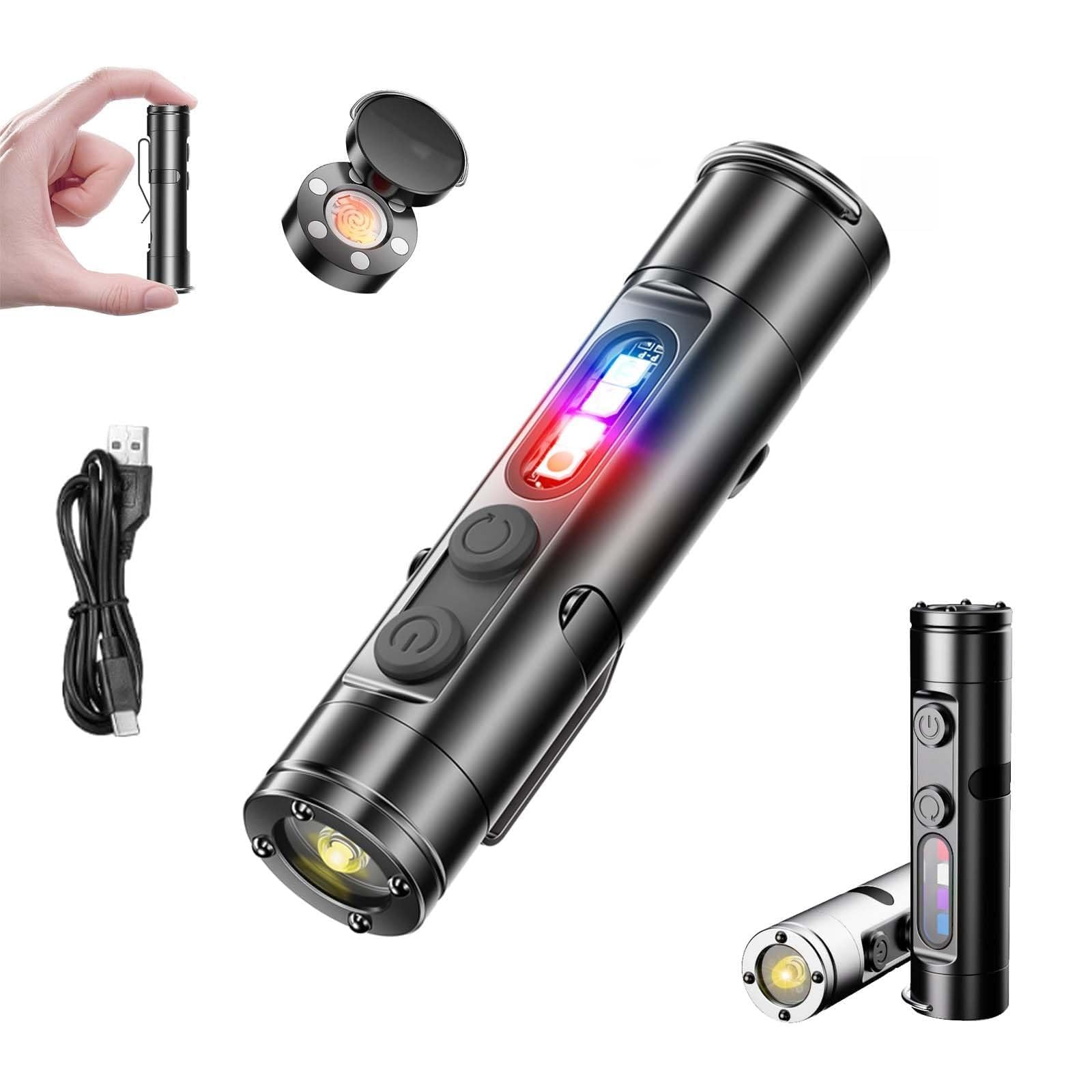 Genérico Linterna EDC Recargable de Bolsillo, Minilinterna 6 en 1, Recargable, Llavero, Luz COB de 500 Lúmenes con Miniluz UV y Encendedor, Base Magnética, Rompeventanas(Negro,Regular Version)