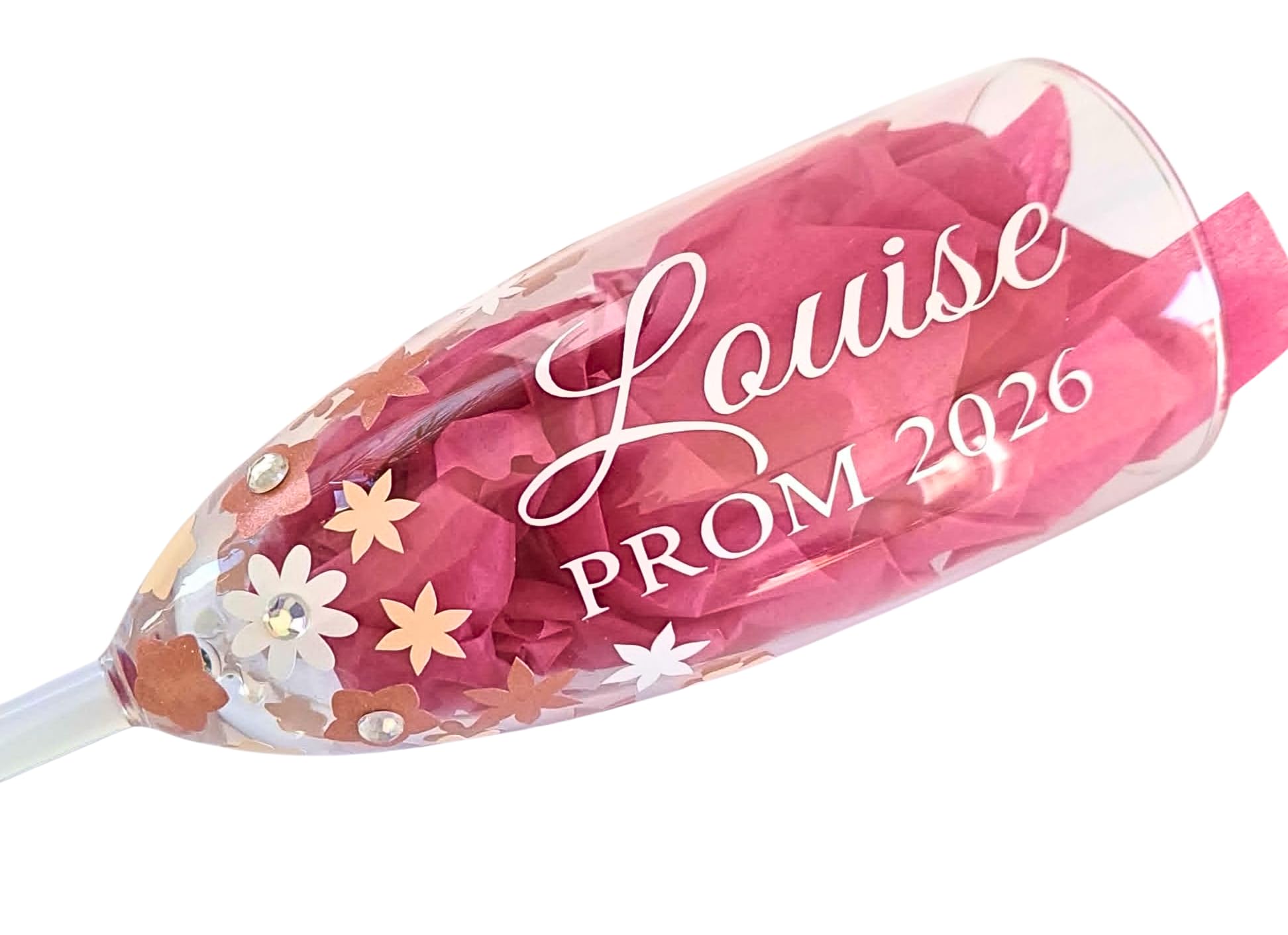 Personalised Prom 2026 Champagne Flute with Floral and Diamante Decorations, Custom Name Glass