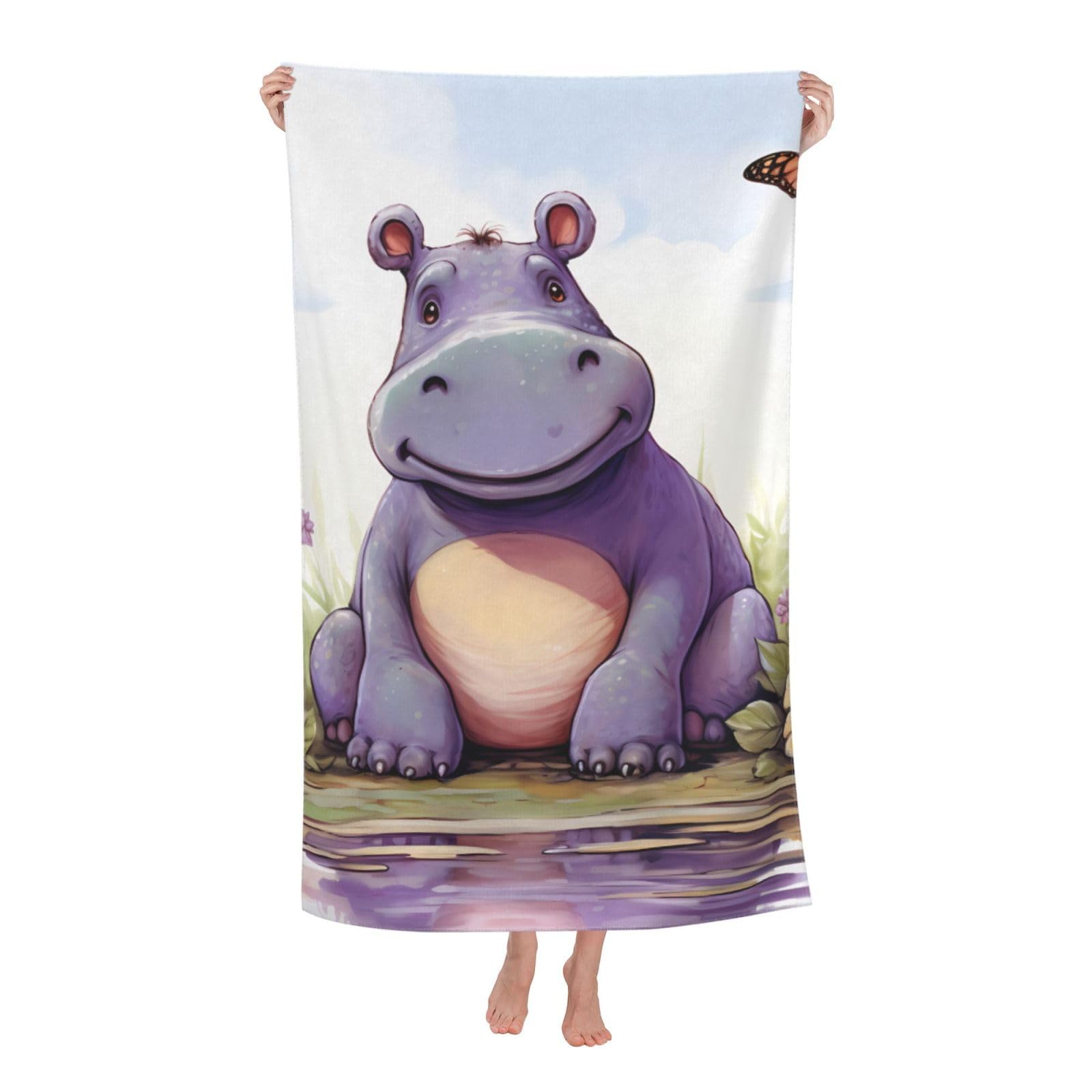 FodPand Butterfly and Hippo Beach Towel Oversized 52 x 32 in Sand Free Pool Swim Towels for Adult Travel Blanket Lightweight Quick Dry Absorbent Bath Towels Cruise Vacation Accessories