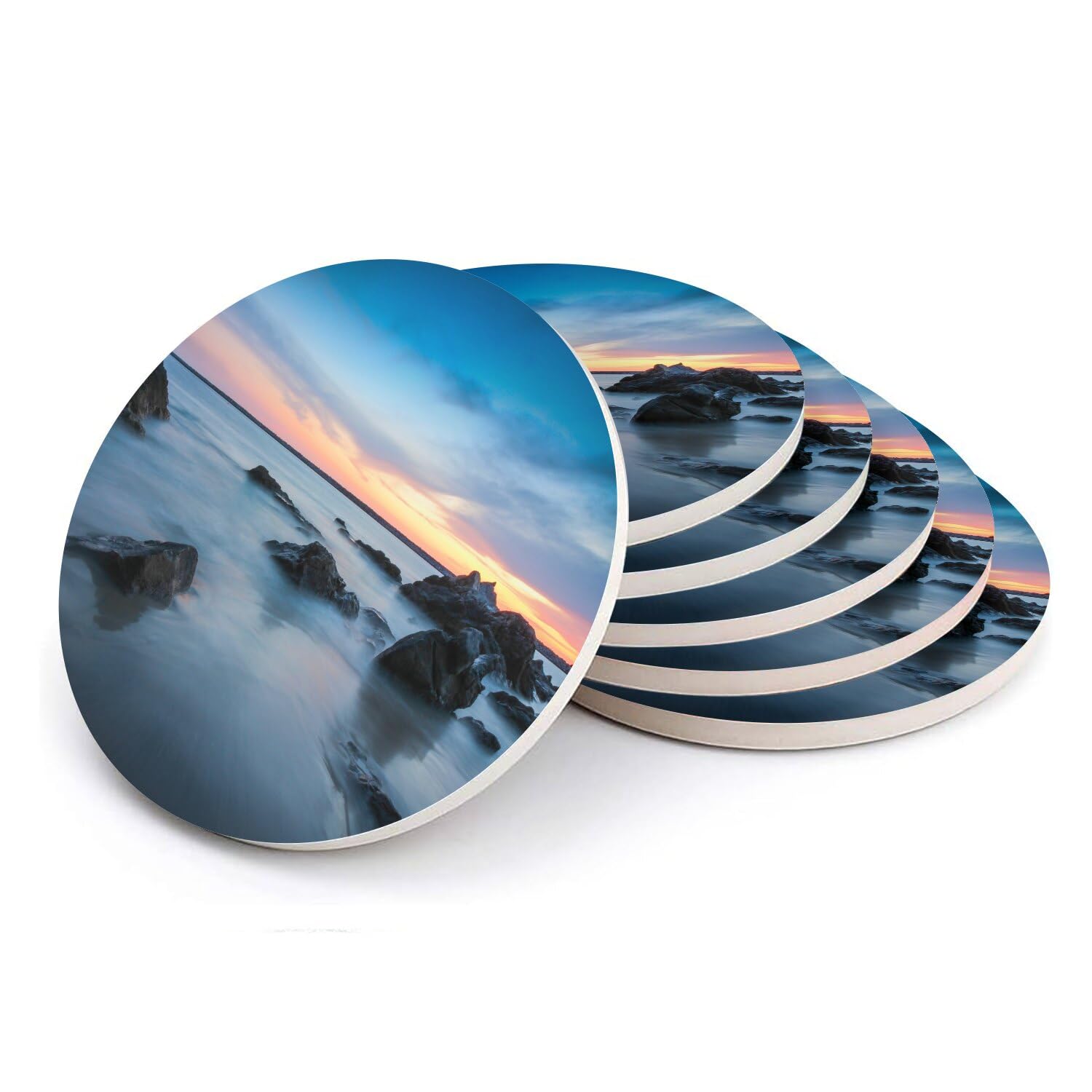Sous verre ronds en céramique premium océan au coucher du soleil pour salon