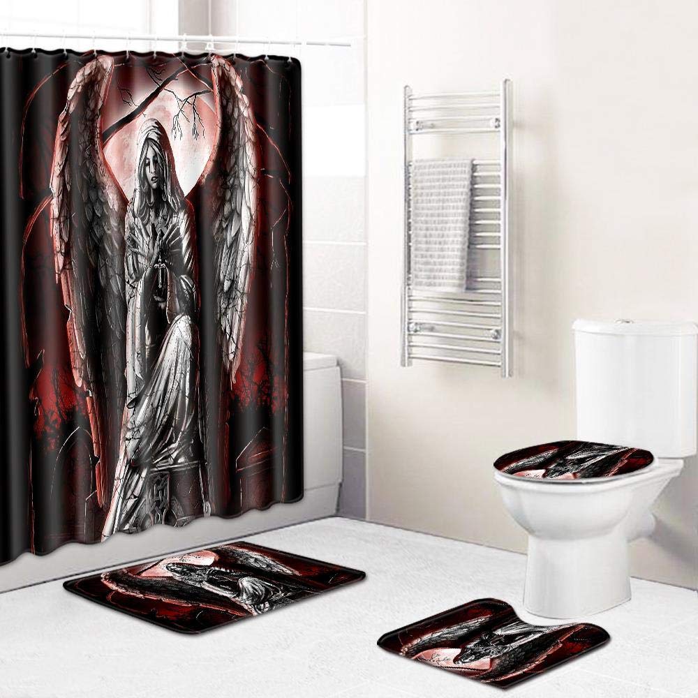 Ourui Bath Mats,Skull Print Bathroom Mat + Shower Curtain Combination 4 Sets Water-Absorbing Anti-Slip Toilet Cover Waterproof And Mold-Proof Shower Curtain, A035, 180 * 180Cm+45 * 75Cm