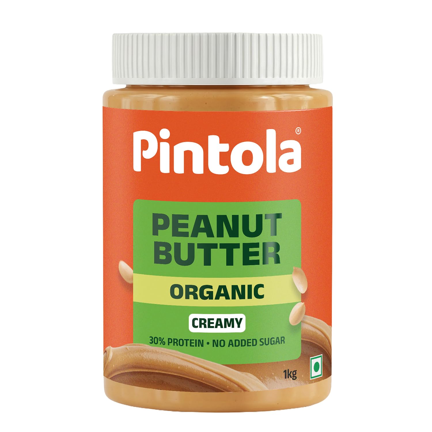 Pintola Organic Unsweetened Peanut Butter Creamy 1kg - High Protein 30g & 9g Dietary Fiber, Made with Organic Peanuts, No Added Sugar, No Preservatives