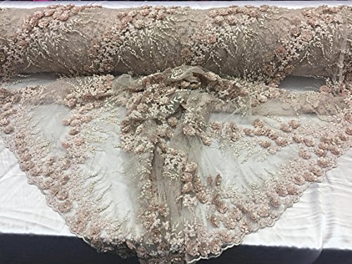 Dream design 3D flower diamonds beaded mesh lace Fabric Bridal Wedding rose pink. Sold by the yard.