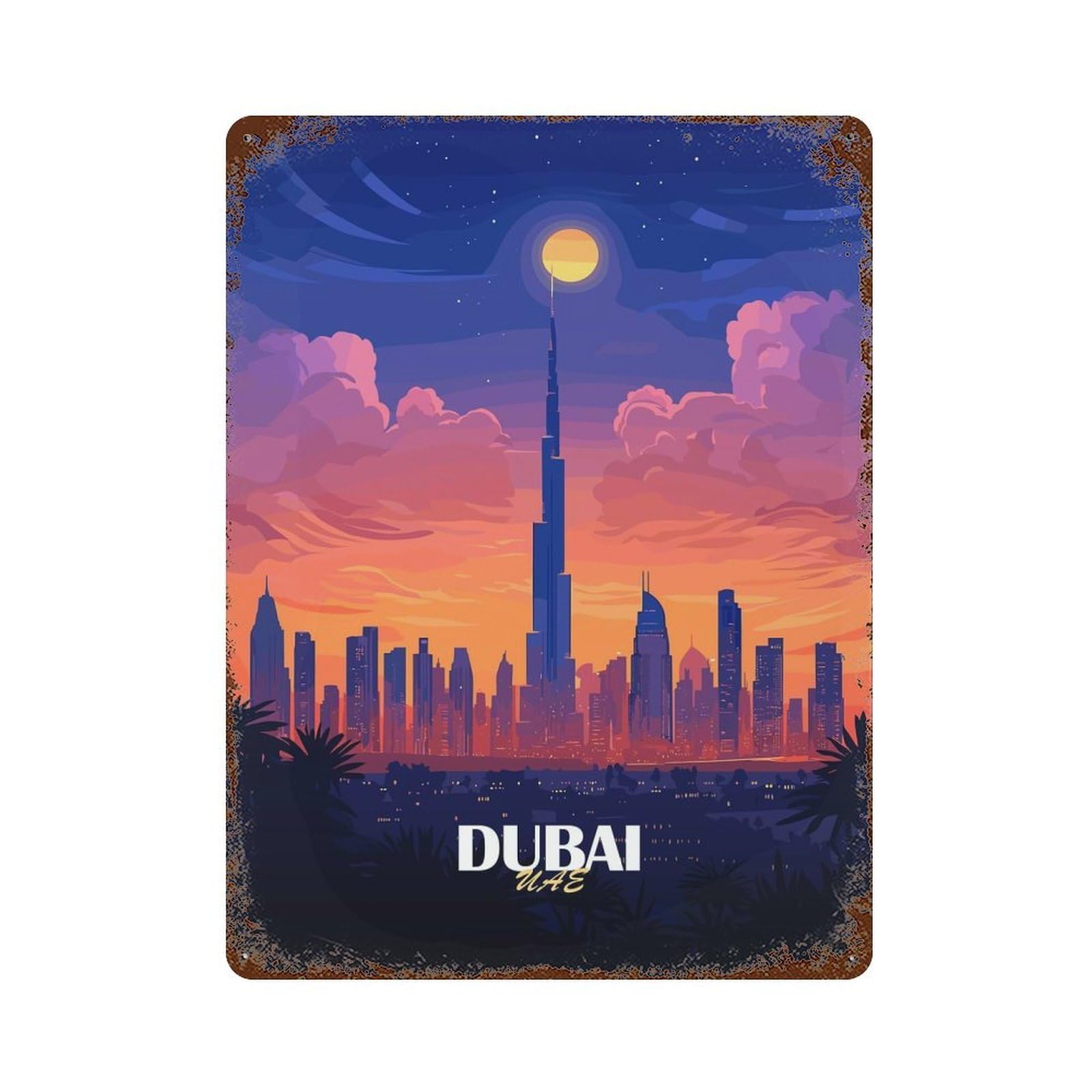 Dubai Skyline at Sunset Rust Effect Tin Sign 15.7"x11.8", Ideal for Cafe, Home Bar And Lounge Decor