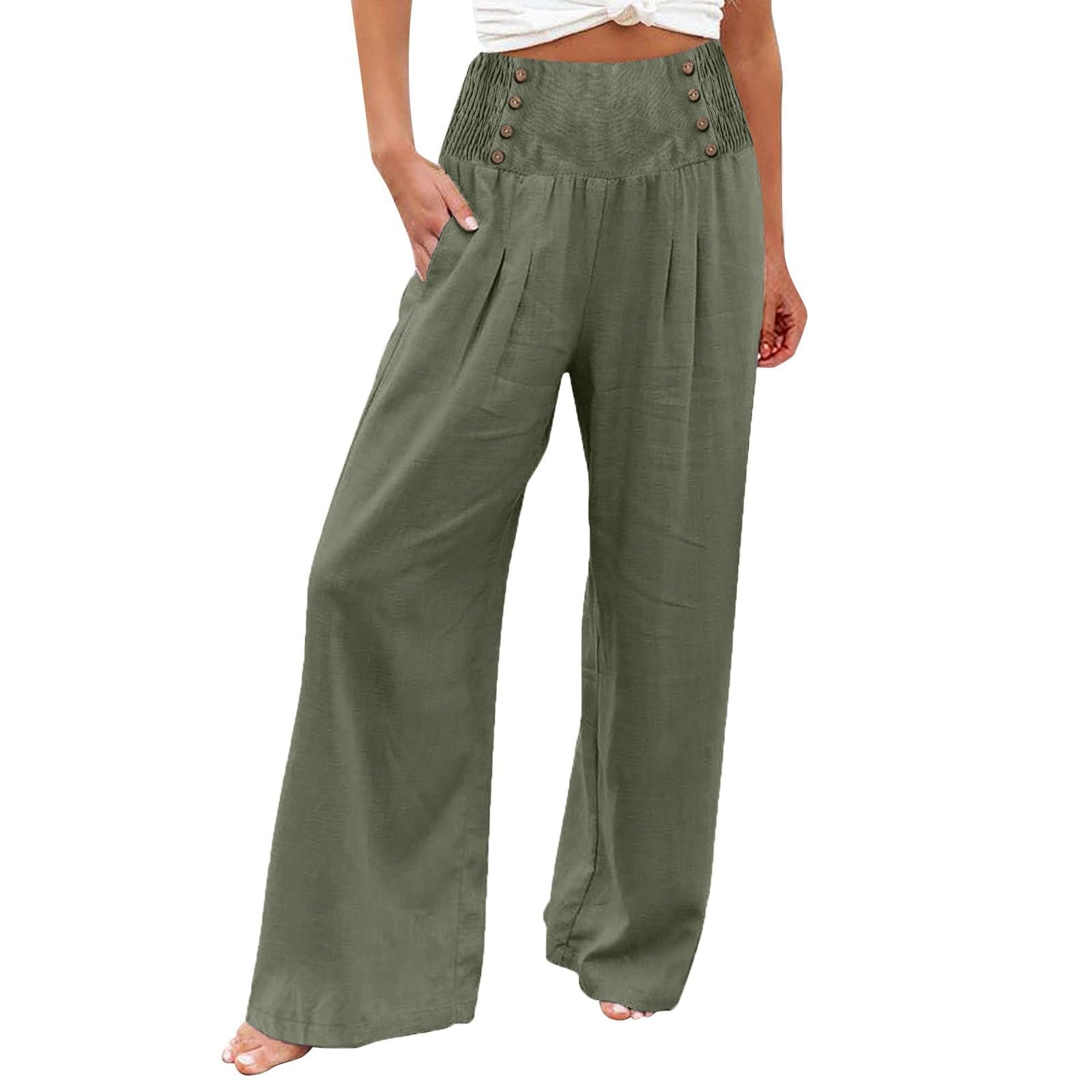 Uxxnjfg Pantalon Fluide Femme Été Lin - Pantalon Léger Taille Haute Yoga Pilates Chic Élégant