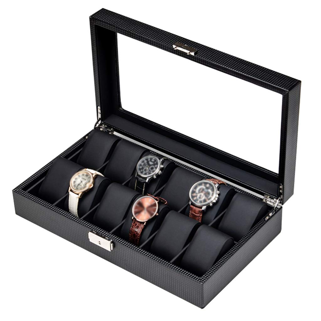 ANVLOJRIH Watch Box - Glass Lid 12 Slots Carbon Fiber Luxury Jewellery Display Storage Case Bracelet Tray Showcase Organiser with Glass Top and Lockable Metal Lock