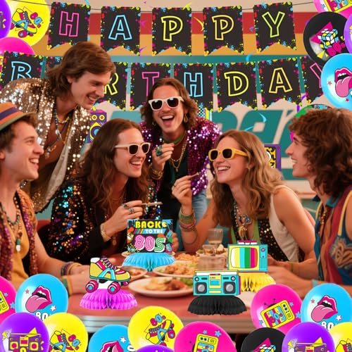 Image of 80s Themed Birthday Decorations, Retro Cute Happy Birthday Banner, Boy Girl Funny Party Supplies with Banner, Hanging Swirl, Honeycomb, Balloon
