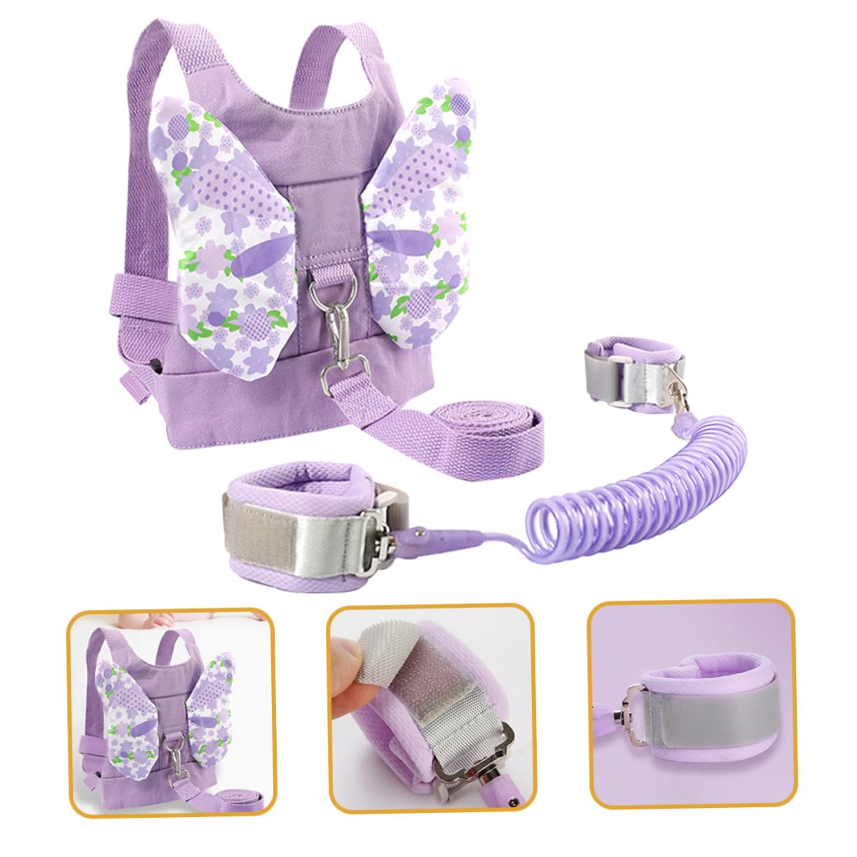 Leash Safety Harness with Purple Butterfly Pattern Rotating Spiral Wrist Link for Anti-Lost Backpack Leash for Boys and Secure Walking Assistant for Parks and Crowded Places