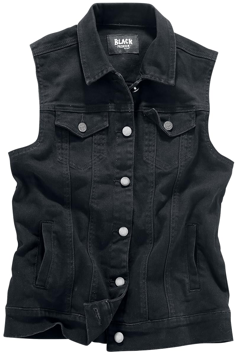 Black Premium by EMP Donna Gilet di jeans nero senza maniche con colletto della camicia