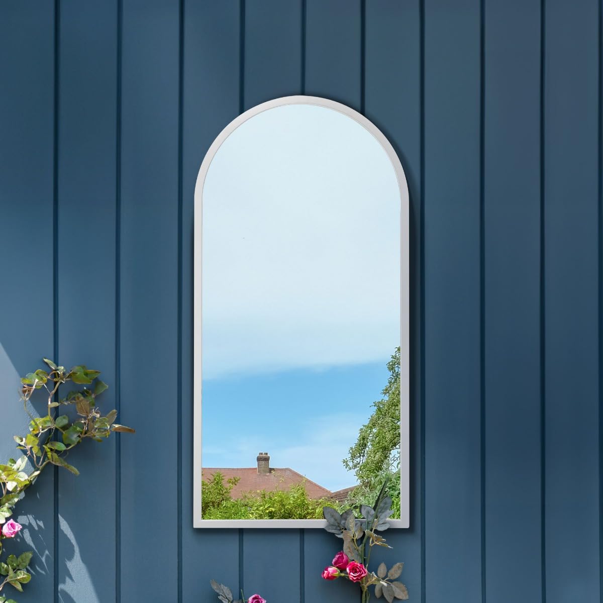 MirrorOutlet The Arcus - White Metal Framed Modern Arched Garden Wall Mirror 31" X 16" (80CM X 40CM) Gold. 2cm Wide Frame and 3cm Deep.