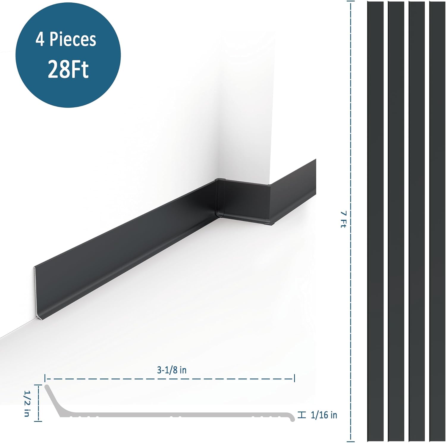 SUNWINGS 4-Pack Matte Black Aluminum Baseboard Molding Trim, 7 Ft x 3.15 Inch Metal Skirting Board Wall Base Cove Base, Waterproof Skirting Trim for Wall & Floor Protection Home Decor, 28 Ft Total