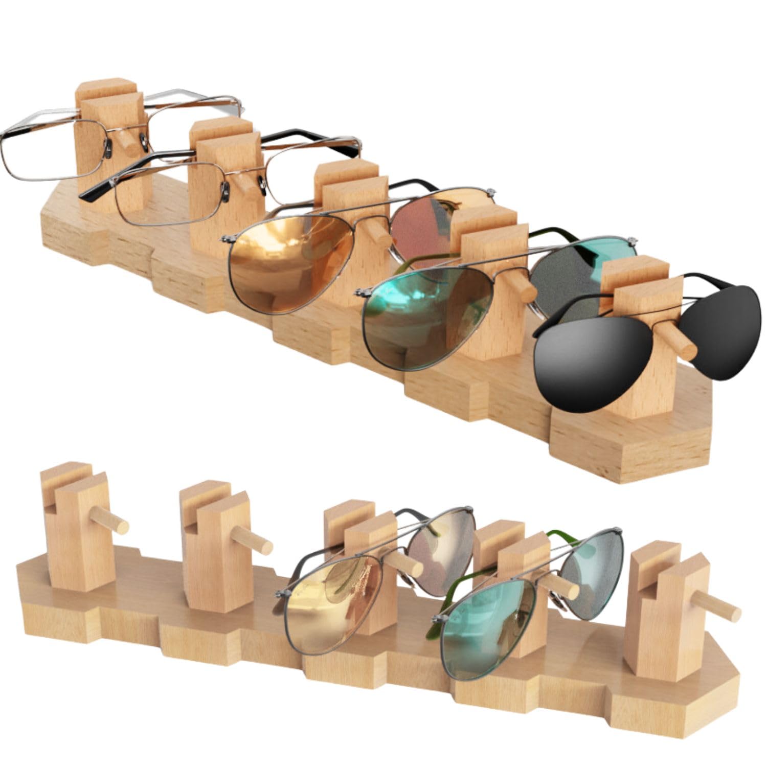 VOREN Beechwood Sunglasses Organizer Stand – Premium Eyeglass Storage Rack for 5 Pairs | Stable, No-Assembly Glasses Holder & Sunglass Display for Desk, Counter
