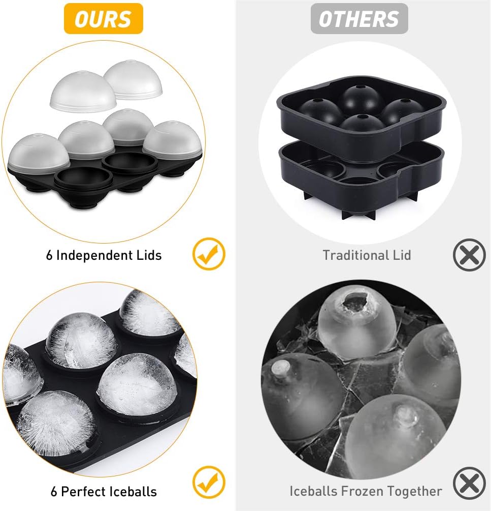 AOYAR Ice Cube Tray with Separate lid,Leakproof Silicone Ice Ball Mold,Round & Square Ice Cube Mold Set of 2,Ice Ball Maker with Funnel,for Whiskey Cocktail and Scotch