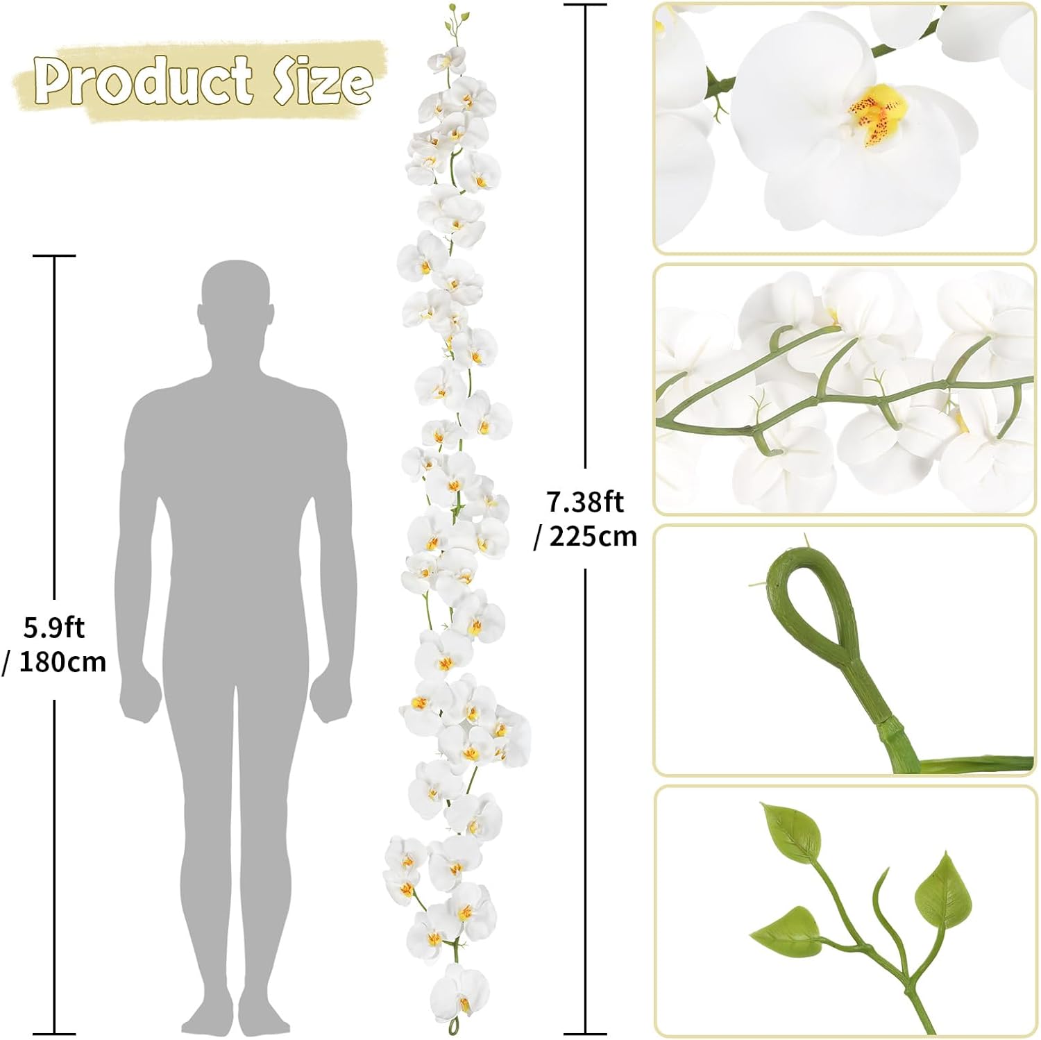 7.38ft White Orchid Garland Real Touch Latex Orchid Vine Hanging Artificial Orchids for Home Party Wedding Room Birthday Christmas Wall Arch Decor(White)