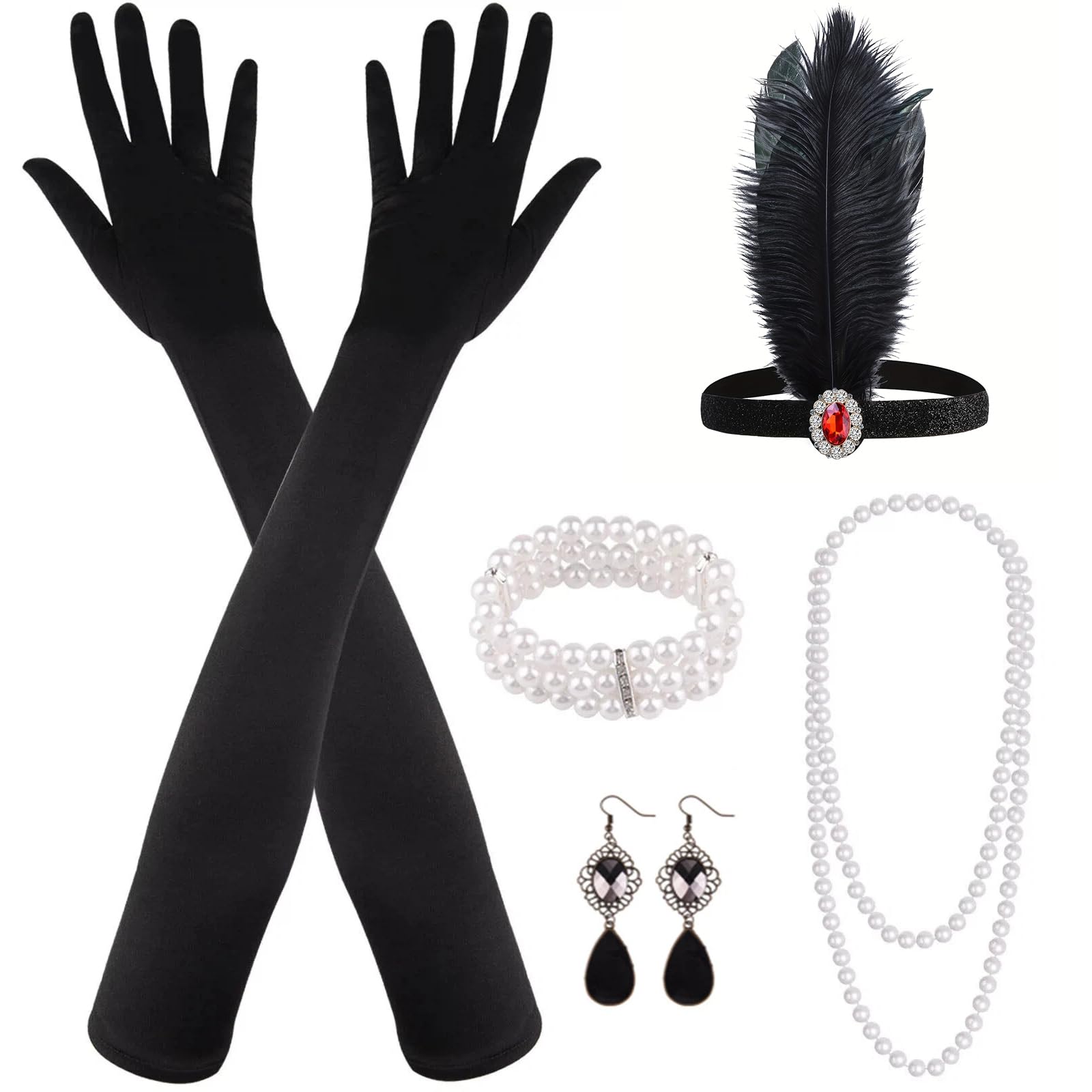 MIAHART 8 Pieces 1920s Flapper Great Gatsby Accessories Set Fashion Roaring 20's Theme Set with Headband Headpiece Long Black Gloves Necklace Earrings for Women (Red)