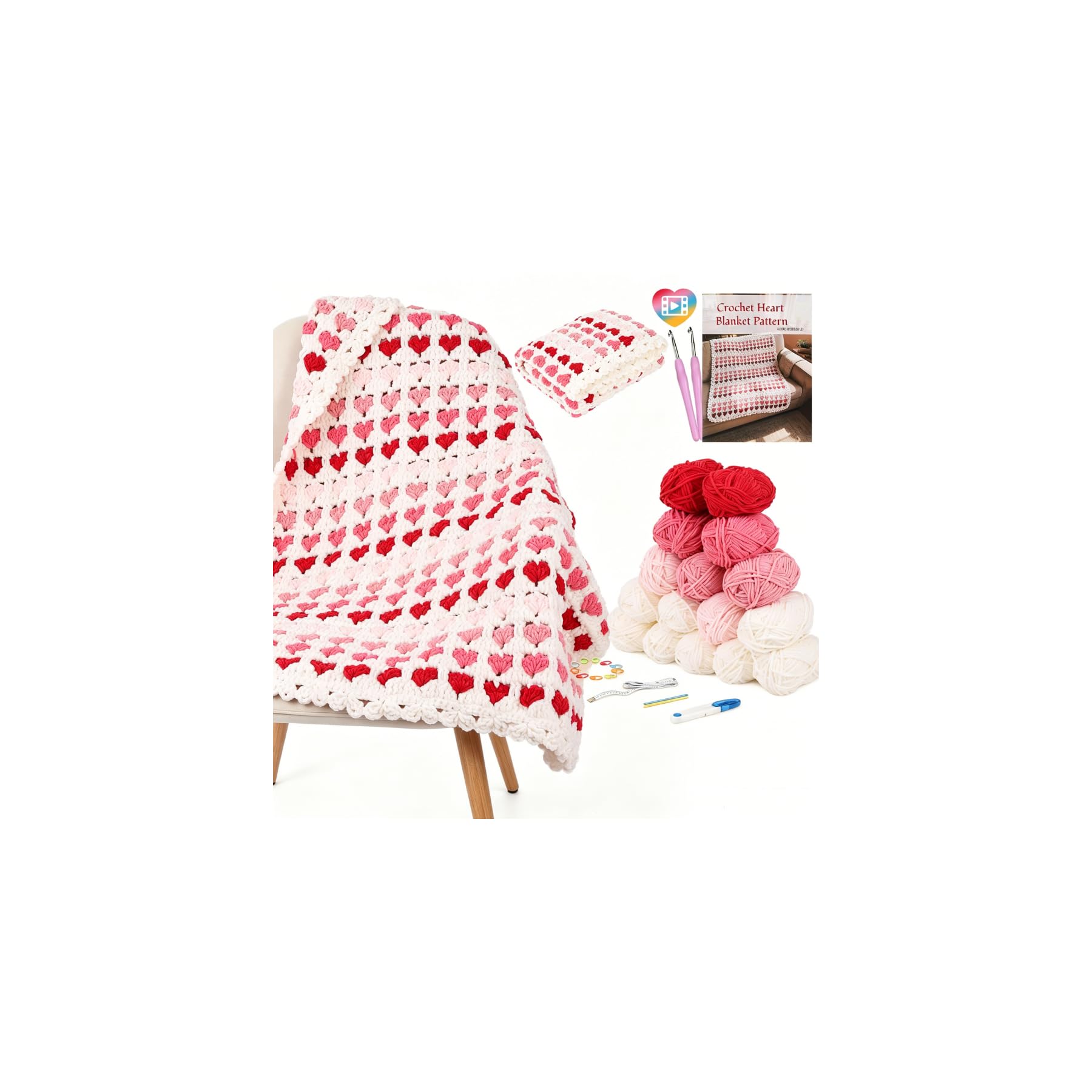 Beginner Crochet Heart Blanket Kit - Easy Instructions -1