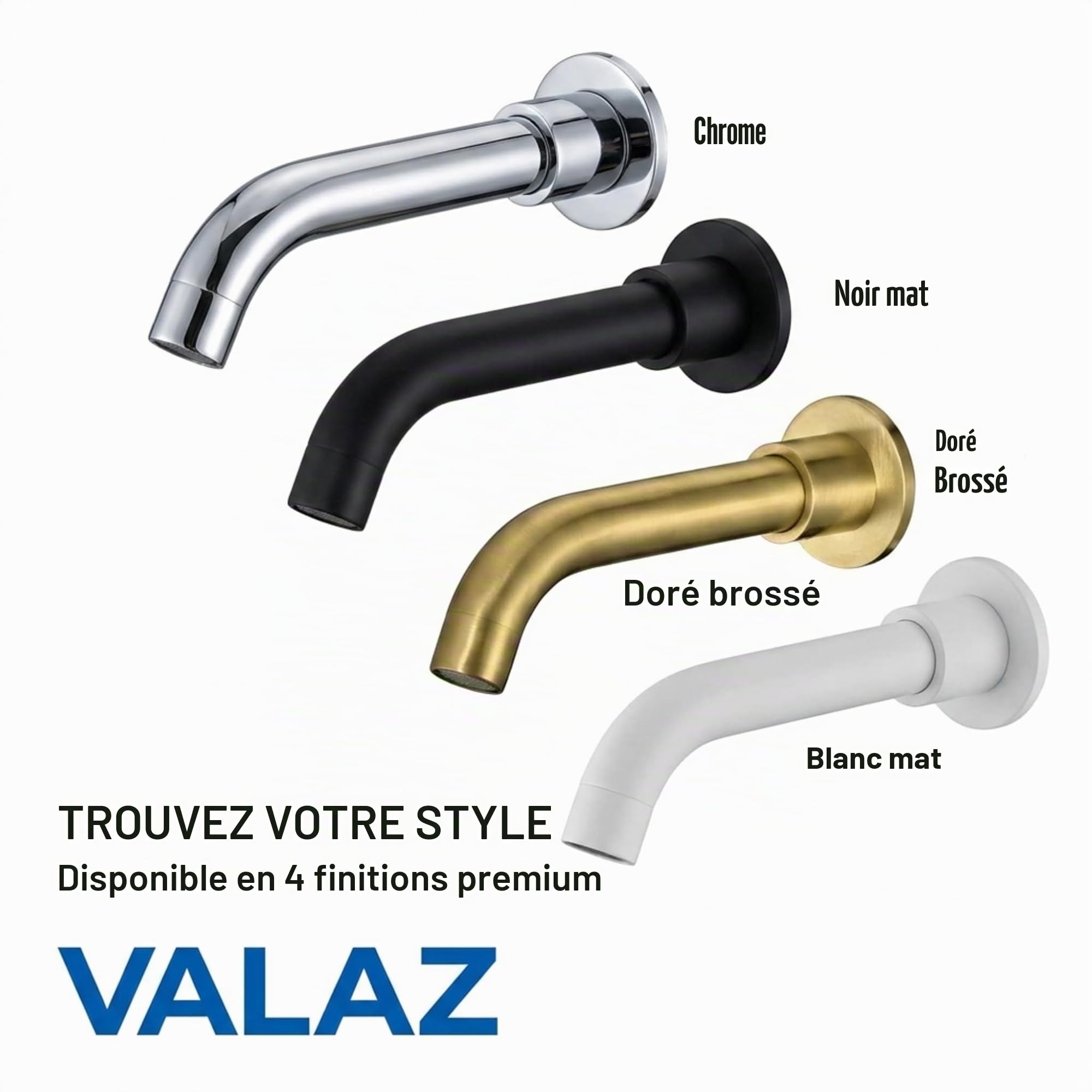 VALAZ Robinet Salle Bain Mural | Mitigeur Lavabo, Mélangeur Eau Froide et Chaude, Pas de Fuites, Installation Facile | Laiton, Inoxydable, Doré Brossé Protecion PVD, Rond, Bec 15 cm, Série Gualquivir