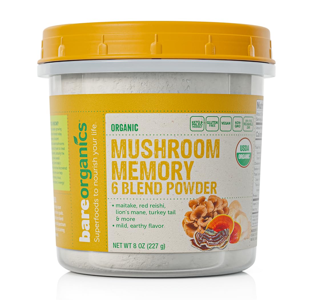 BareOrganicsMushroom Memory 6 Blend Powder, Non-GMO & Gluten-Free, Maitake, Red Reishi, Lion's Mane, Turkey Tail & More, 8 oz