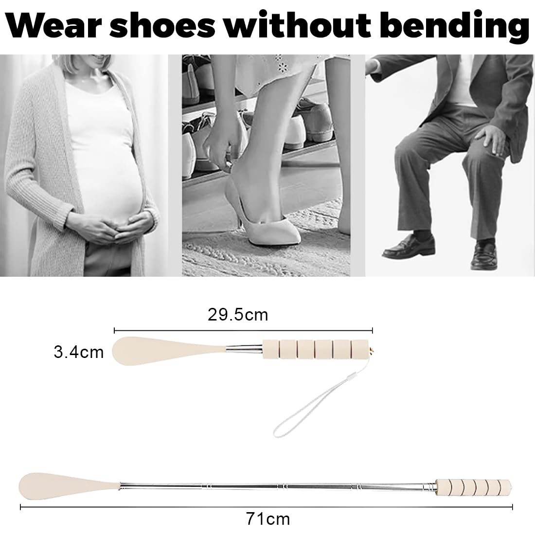 Chausse-Pied Long Rétractable 30-71 Cm – Manche Métal Solide & Poignée Confort, Idéal Personnes Âgées & Mobilité Réduite