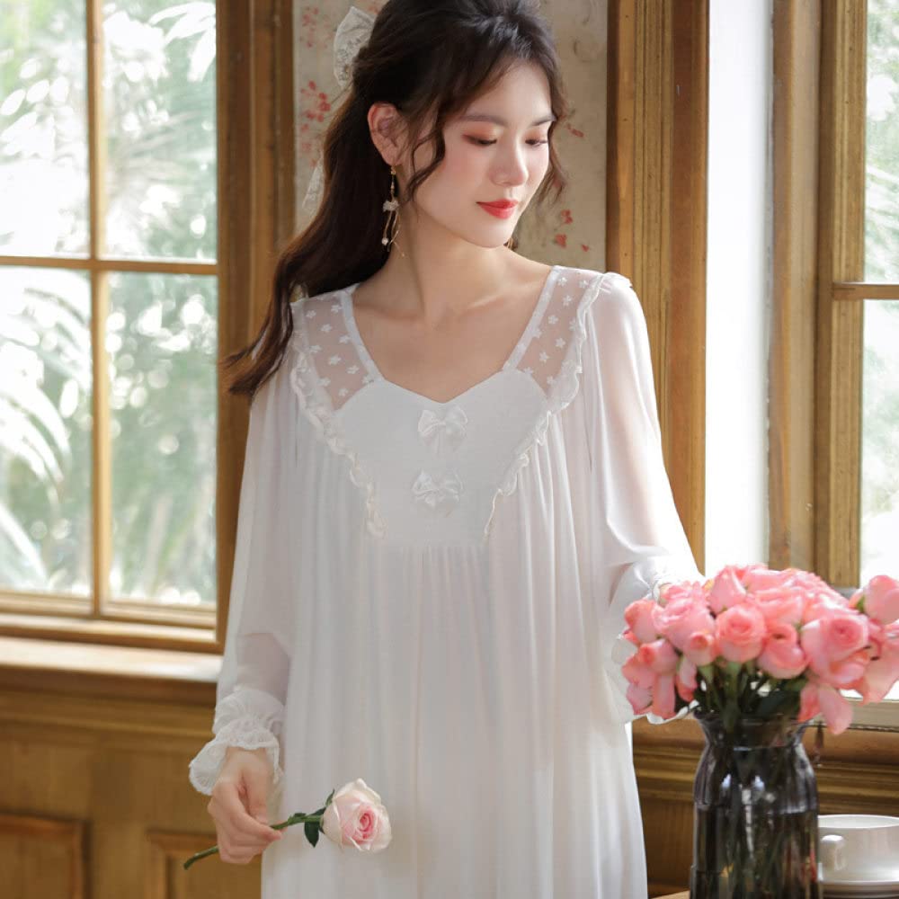 Nachthemd Damen,Damen-Nachthemden Weiß Rundhals Spitze Rüschen Schleife Mesh Elegantes Schlafhemd Weiche Bequeme Lange Ärmel Nachthemd Loungewear Für Damen Mädchen Pyjama Party Weihnachtsnachth