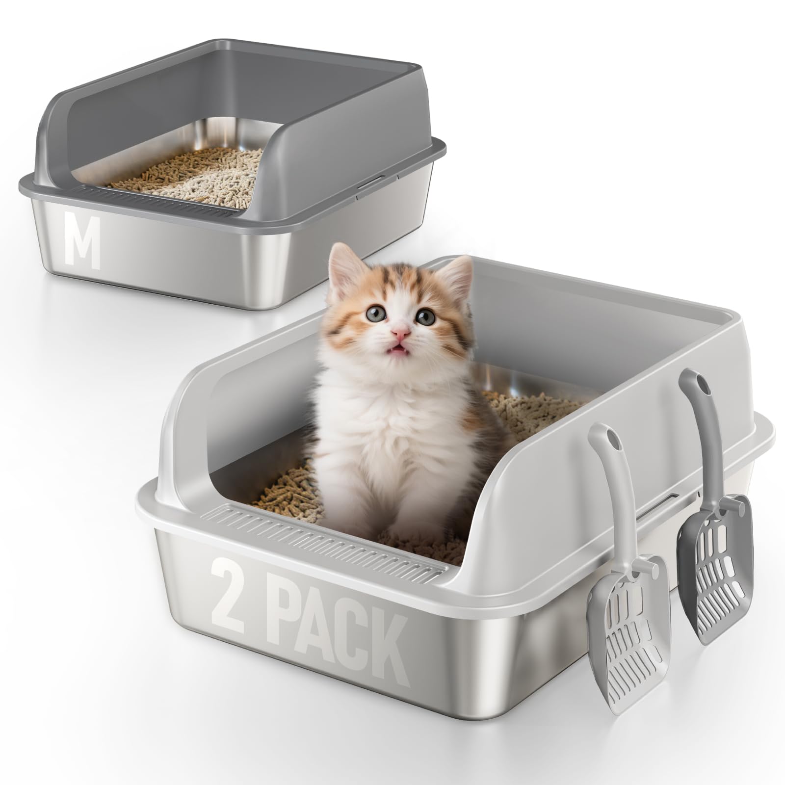 2 Pack Stainless Steel Cat Litter Box for Kitty with Lid, High Sides Metal Litter Pan for Kittens & Small Adult Cats, Odor Control, Easy to Clean, Non-Sticky, Scoops Included
