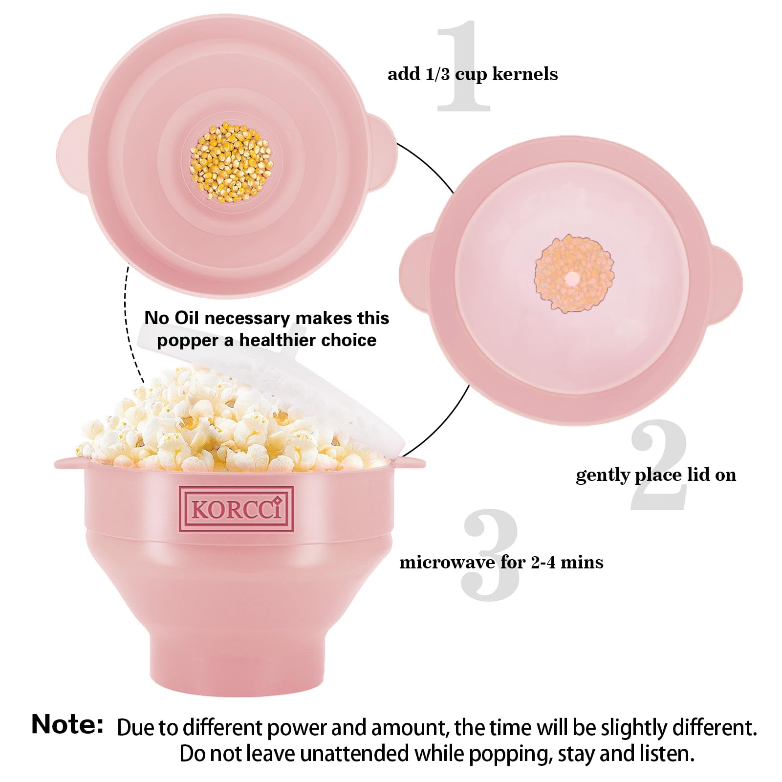 The Original Korcci - Palomitas de maíz de silicona para microondas, sin BPA, cuenco plegable para hacer palomitas de maíz para microondas, apto para lavavajillas (rosa)