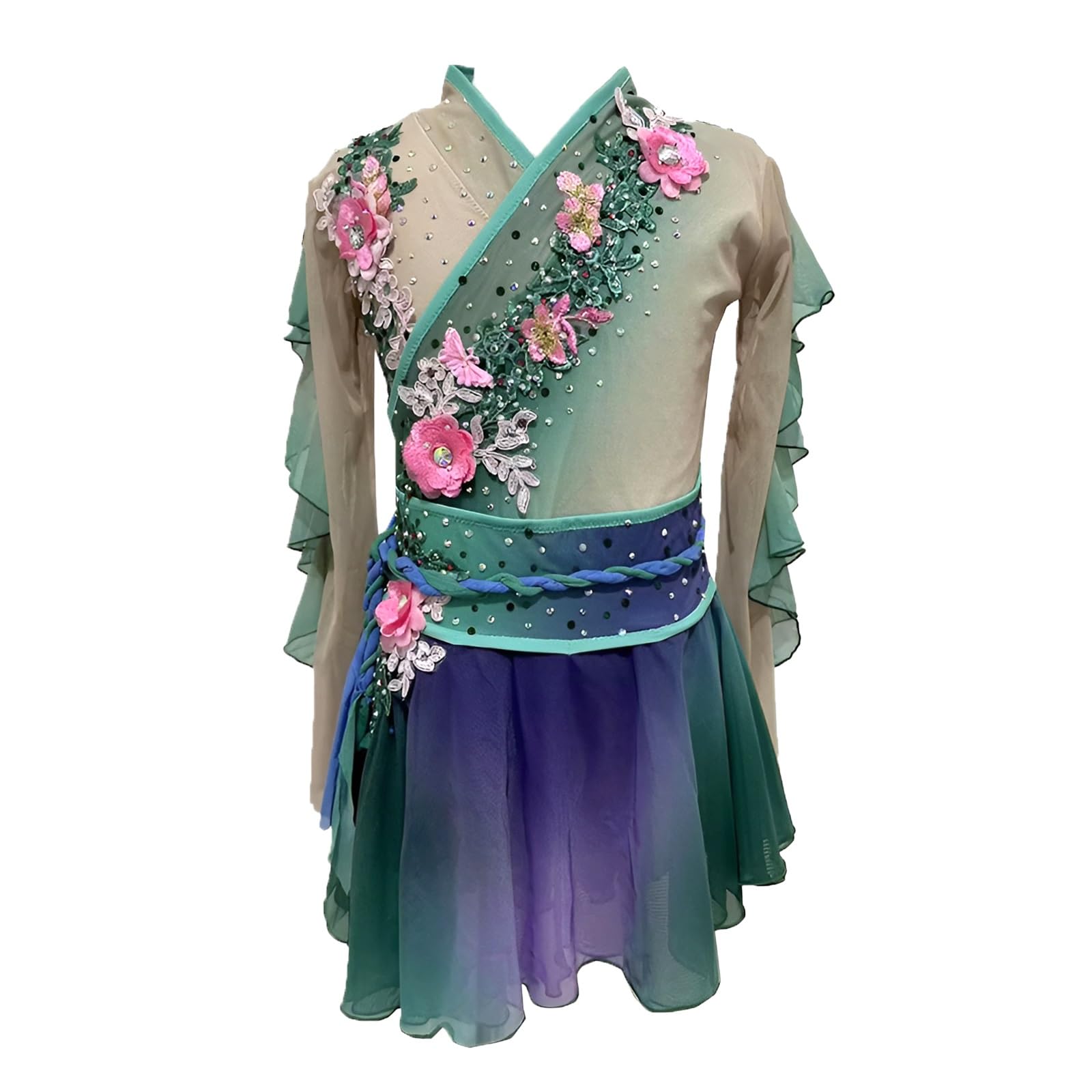 Girl's Figure Skating Dress with Flower Decoration, Women's Stretchy Ice Skating Dress for Competition(X-Small)