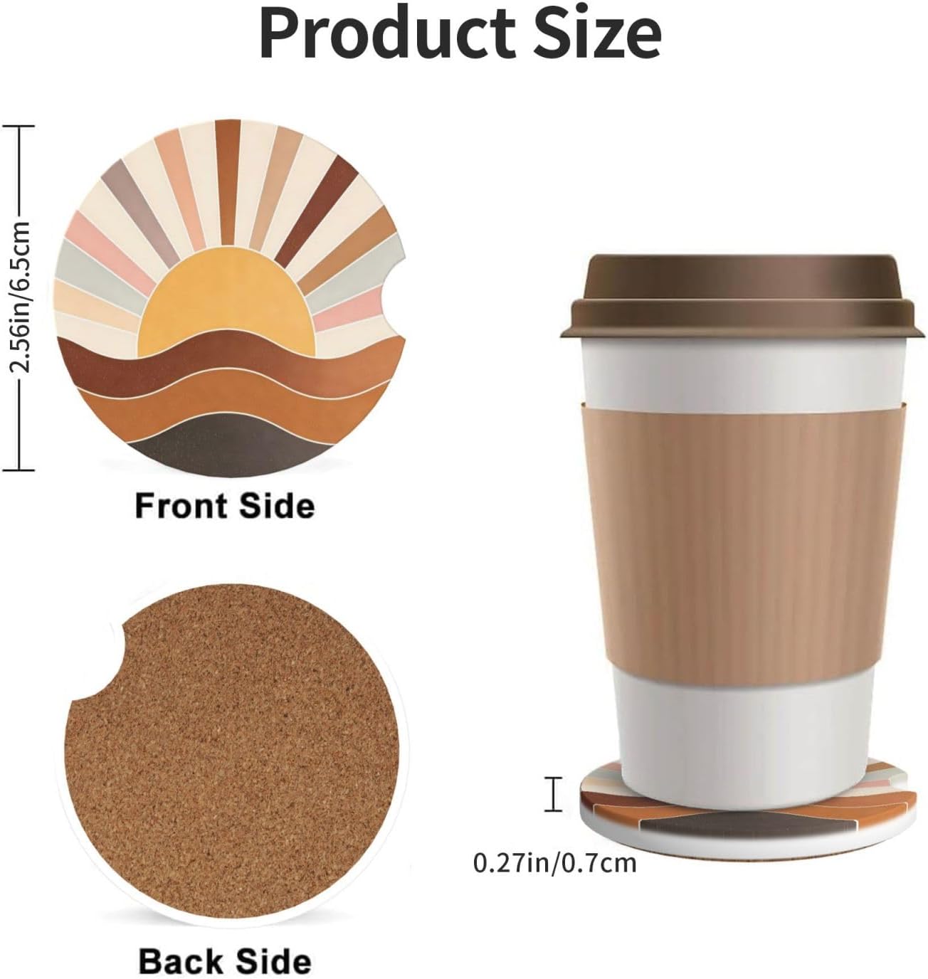 ZIKAI Boho Sunrise Waves Car Cup Holder Coasters Absorbent Coasters 2 Pack image 3