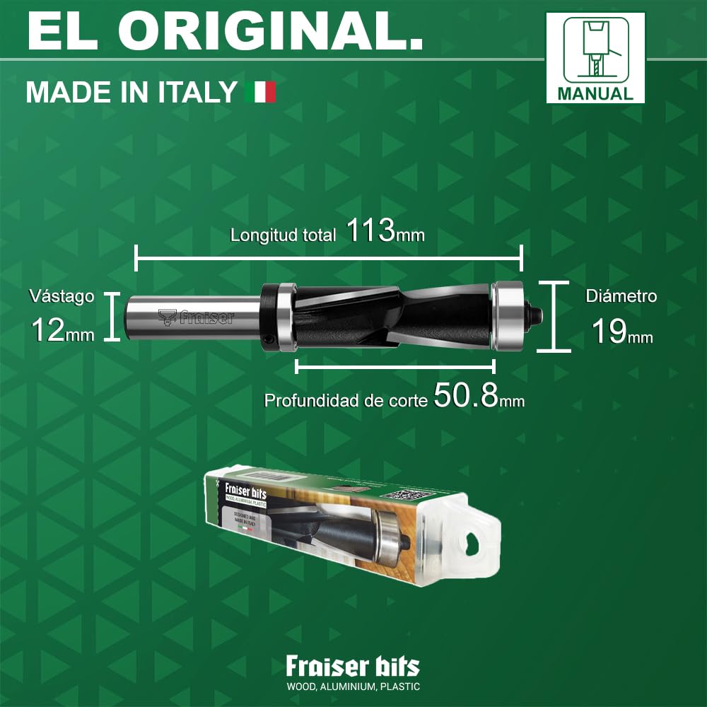 Fresa Fraiser® con rodamiento superior de 12 mm para madera, derivados y cantos laminados para fresadora manual y mesa de fresado UP & DOWNCUT