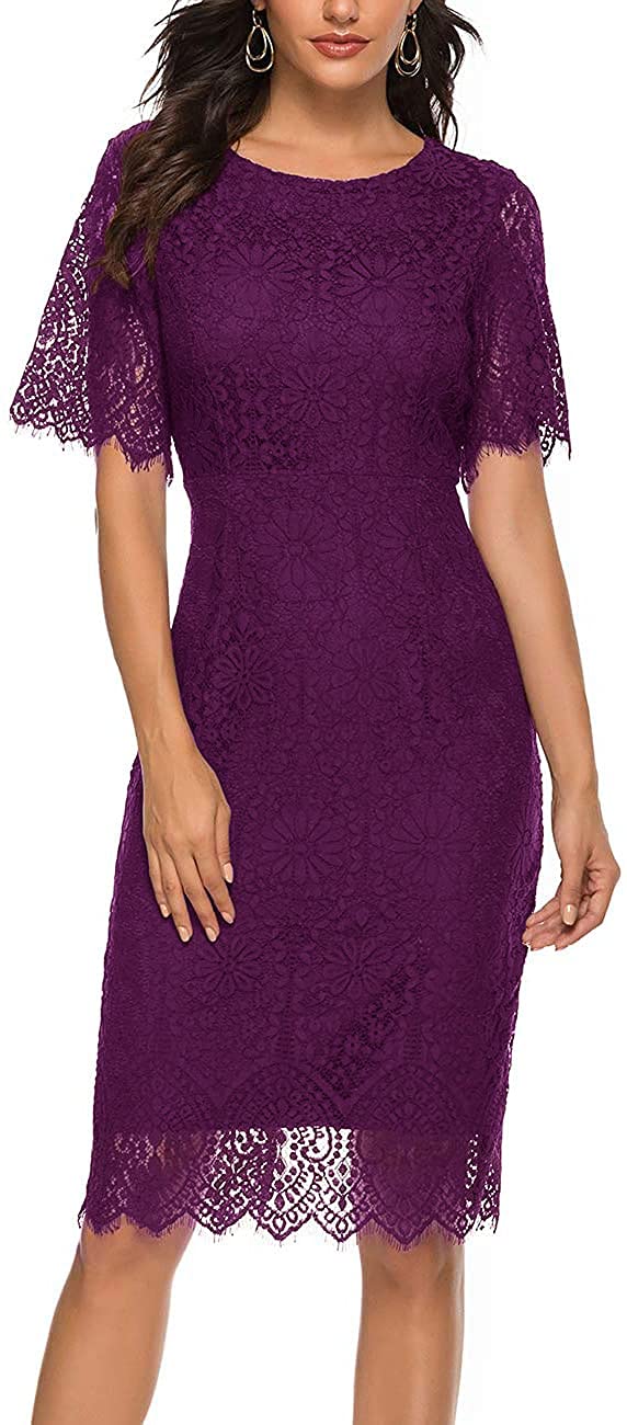 MEROKEETY Women's Short Sleeve Lace Floral Cocktail Dress Crew Neck Knee Length for Party