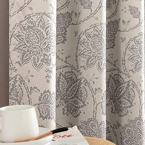 Jinchan Floral Scroll Printed Linen Textured Curtains Grommet Top Ikat Flax Textured Medallion Design Jacobean Room Darkening Curtains Retro Living Room Window Covering Grey 84 Inch Length 2 Panels #TOP6
