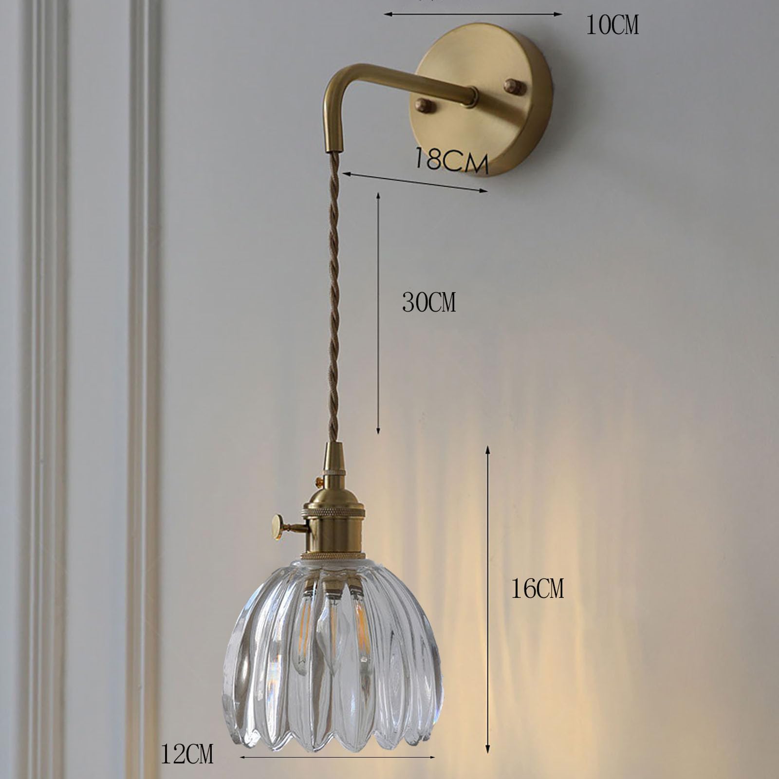 Vintage mosiężny klosz lampy ścienne przezroczyste szkło z przełącznikiem Lampa ścienna E27 Dec Kinkiet do łazienki Sypialnia Salon Kuchnia