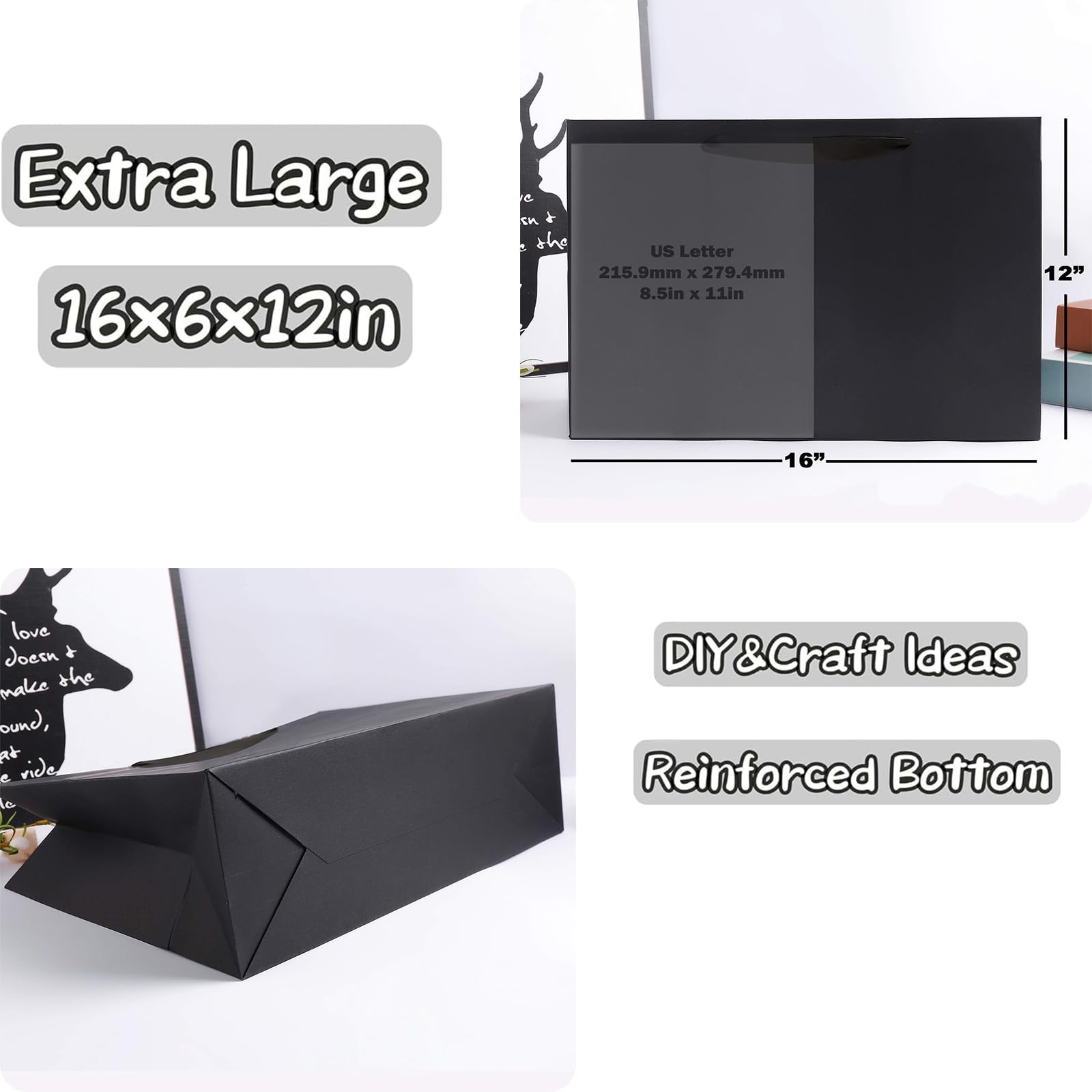 Lot de 20 Sacs Cadeaux Extra Larges Noirs | 40 x 15 x 30 cm pour Hommes et Mariages