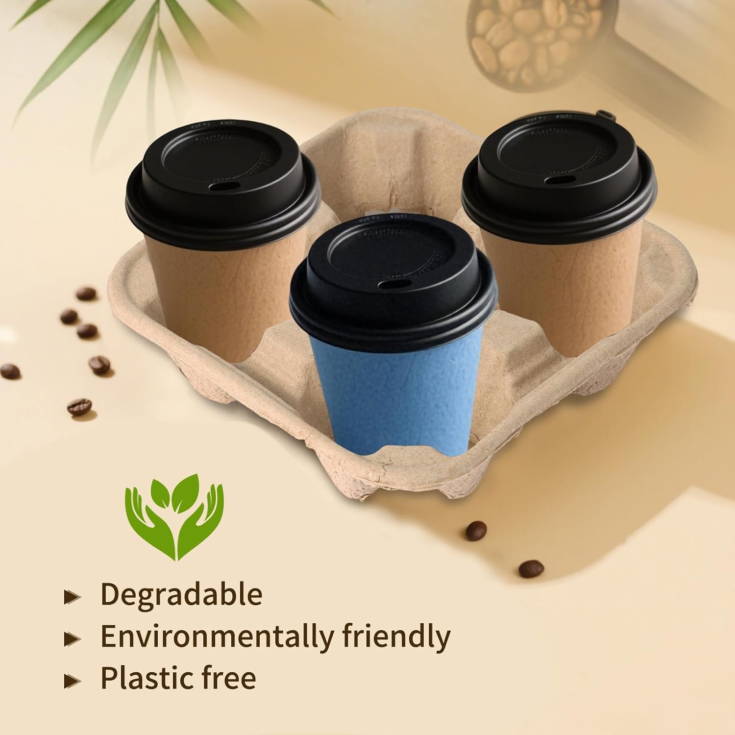 Disposable 4-Cup Drink Carrier Tray, Heavy-Duty & Compostable Pulp Fiber Holder for Coffee, Boba, Smoothies, Soda - Fits 8oz to 32oz Cups, Ideal for Restaurants, Cafes, Delivery & Takeout (100 Count)